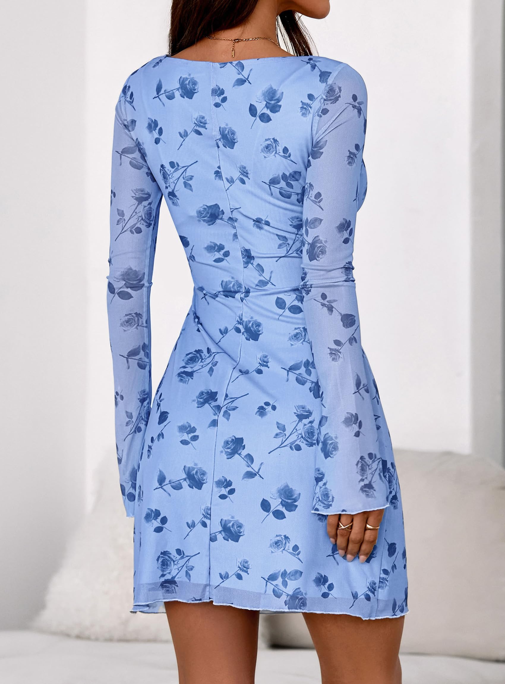 Women's Fall Floral Long Sleeve Mini Dress (Light Blue,M)