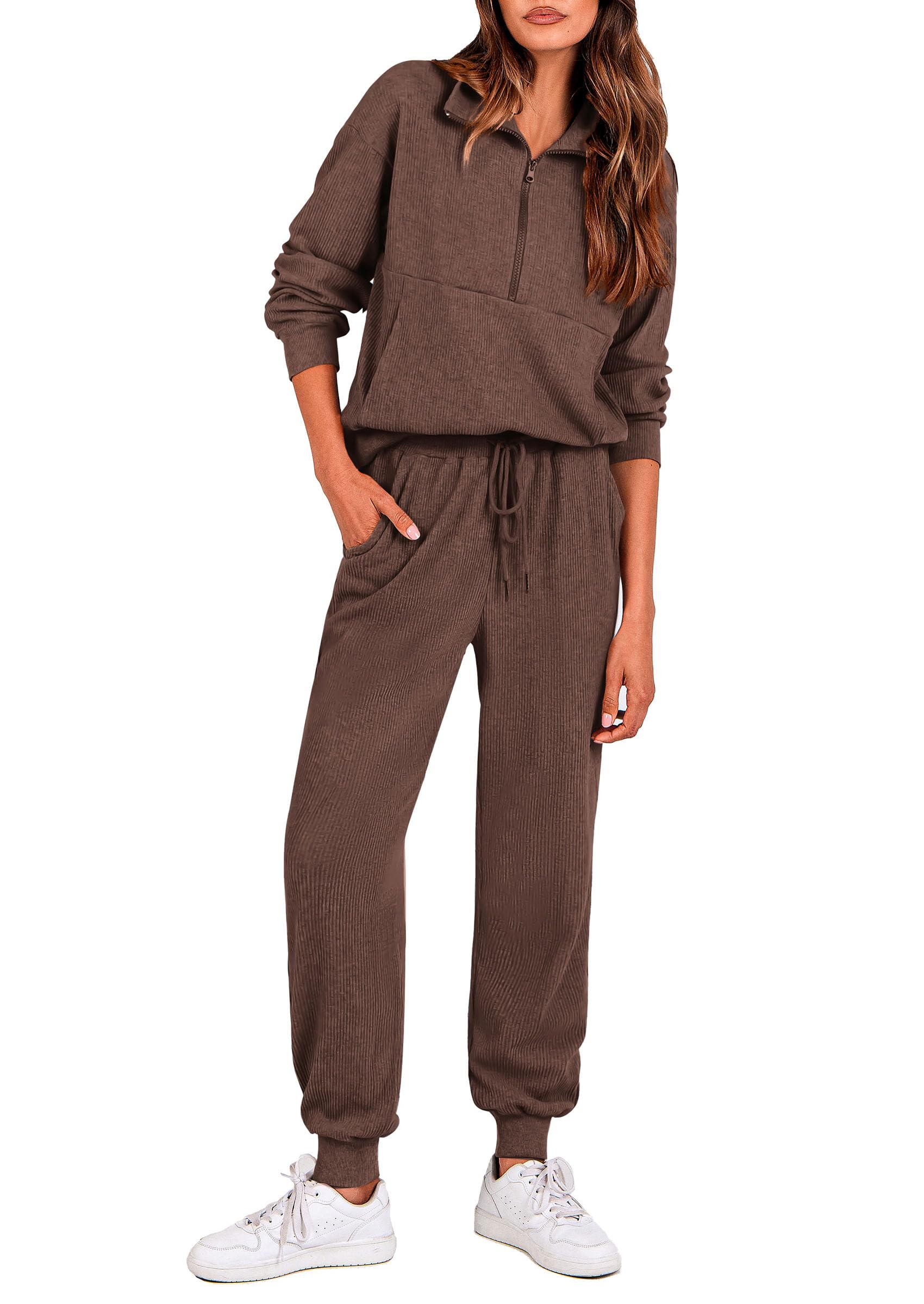 Airport Travel Outfit Women Ribbed Knit Matching Lounge Sets