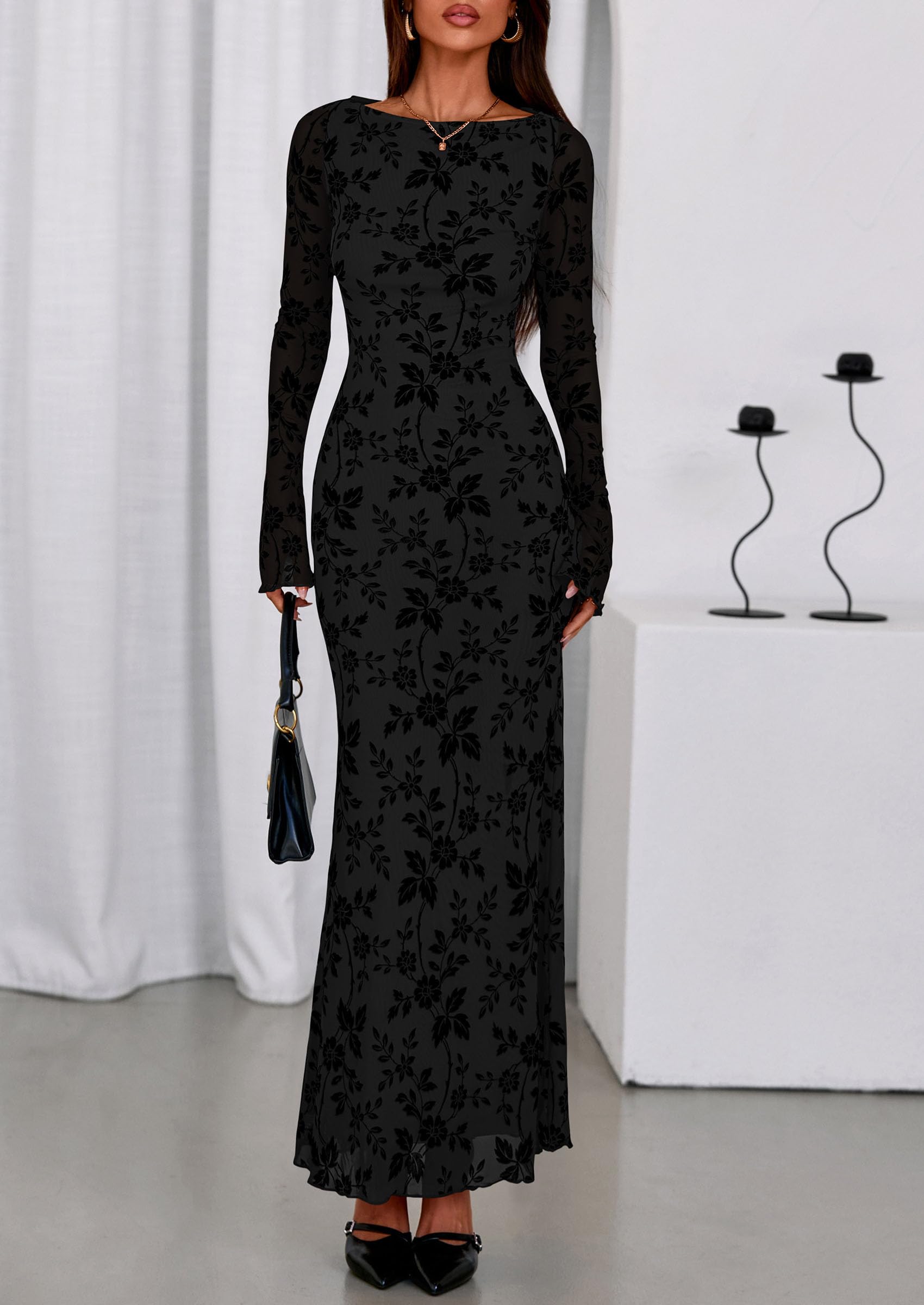 Women's Floral Bodycon Maxi Dress Wedding Guest Dresses Black