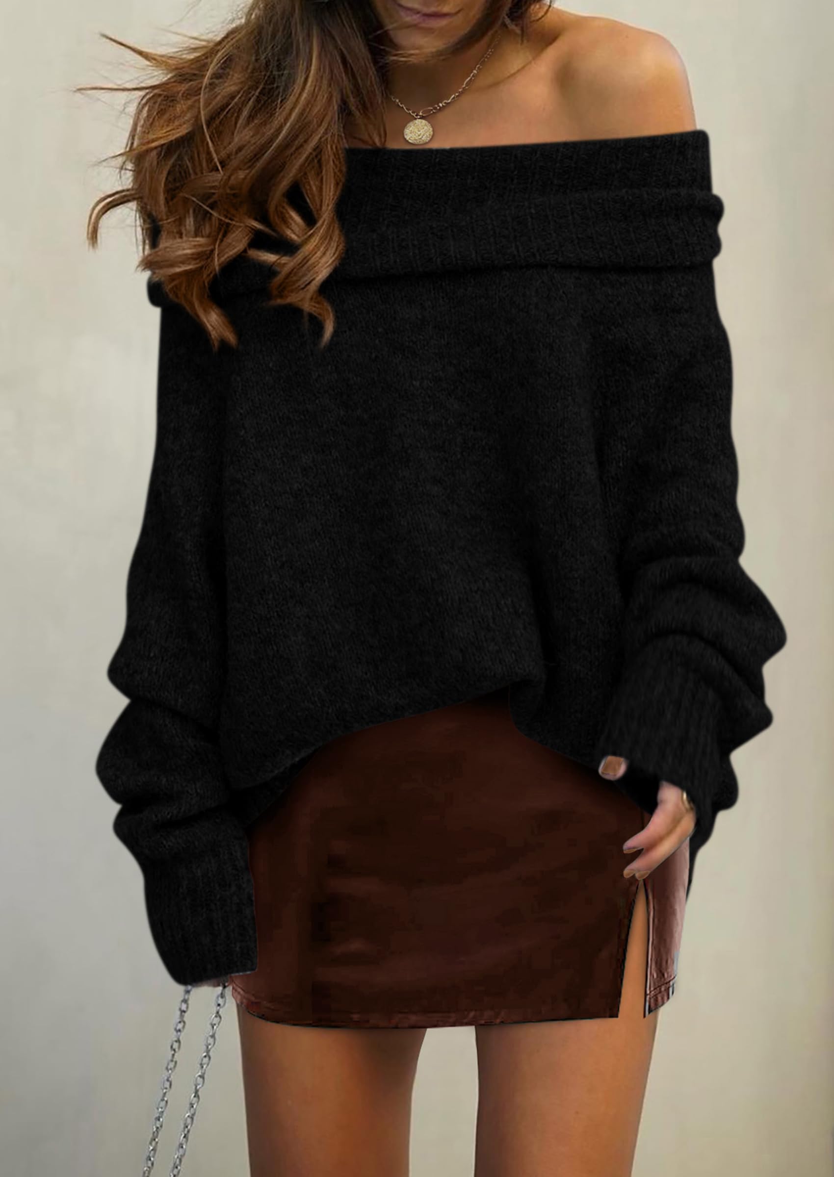 Women's Fall Off The Shoulder Sweater,Black,S