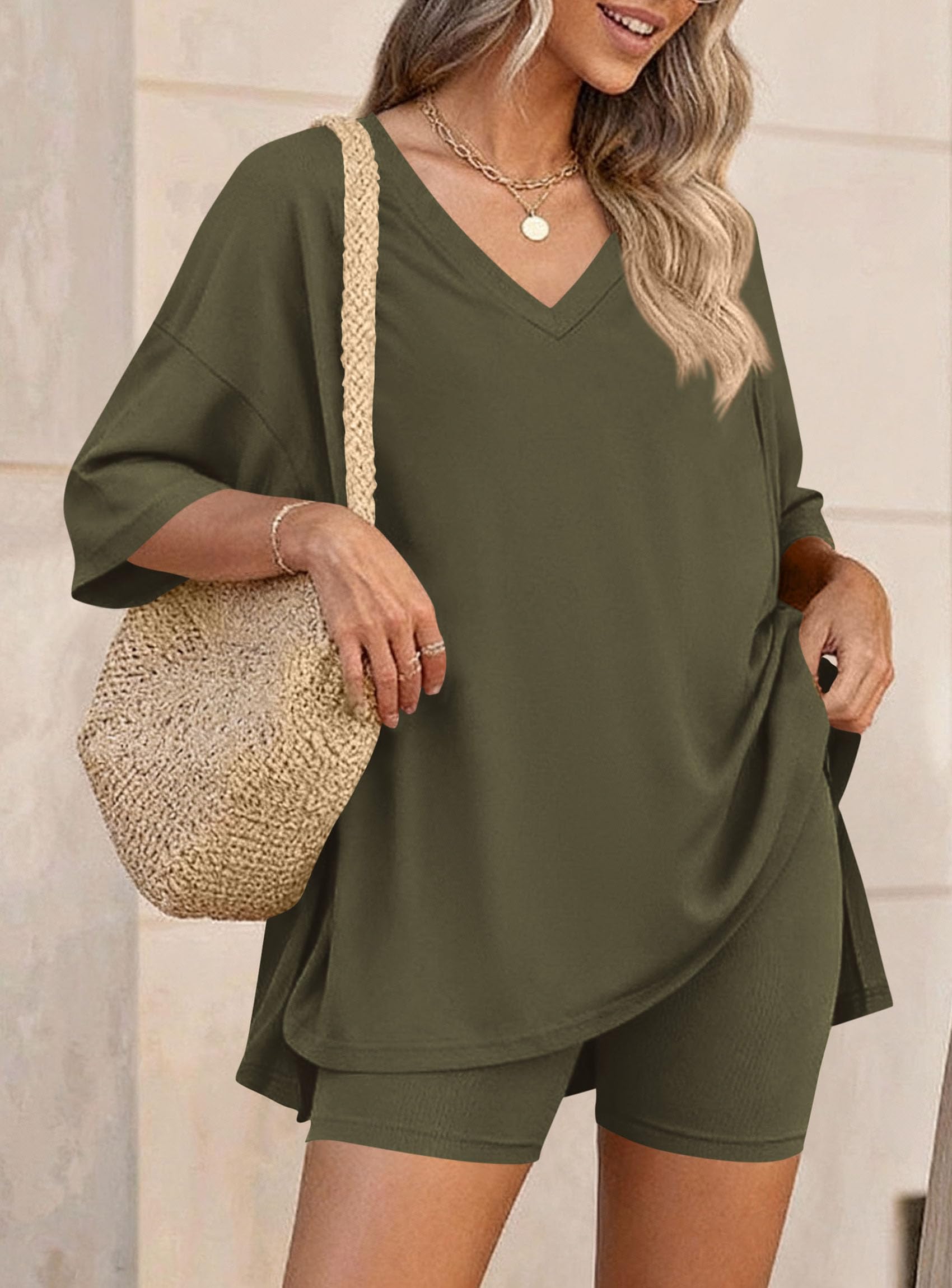 Womens 2 Piece Outfit Lounge Short Sets,Army Green,S