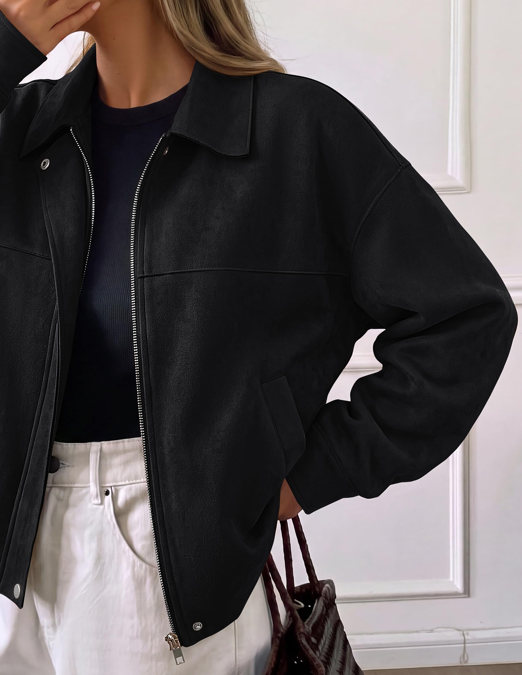 Women's Faux Suede Cropped Fall Jackets,Black,S