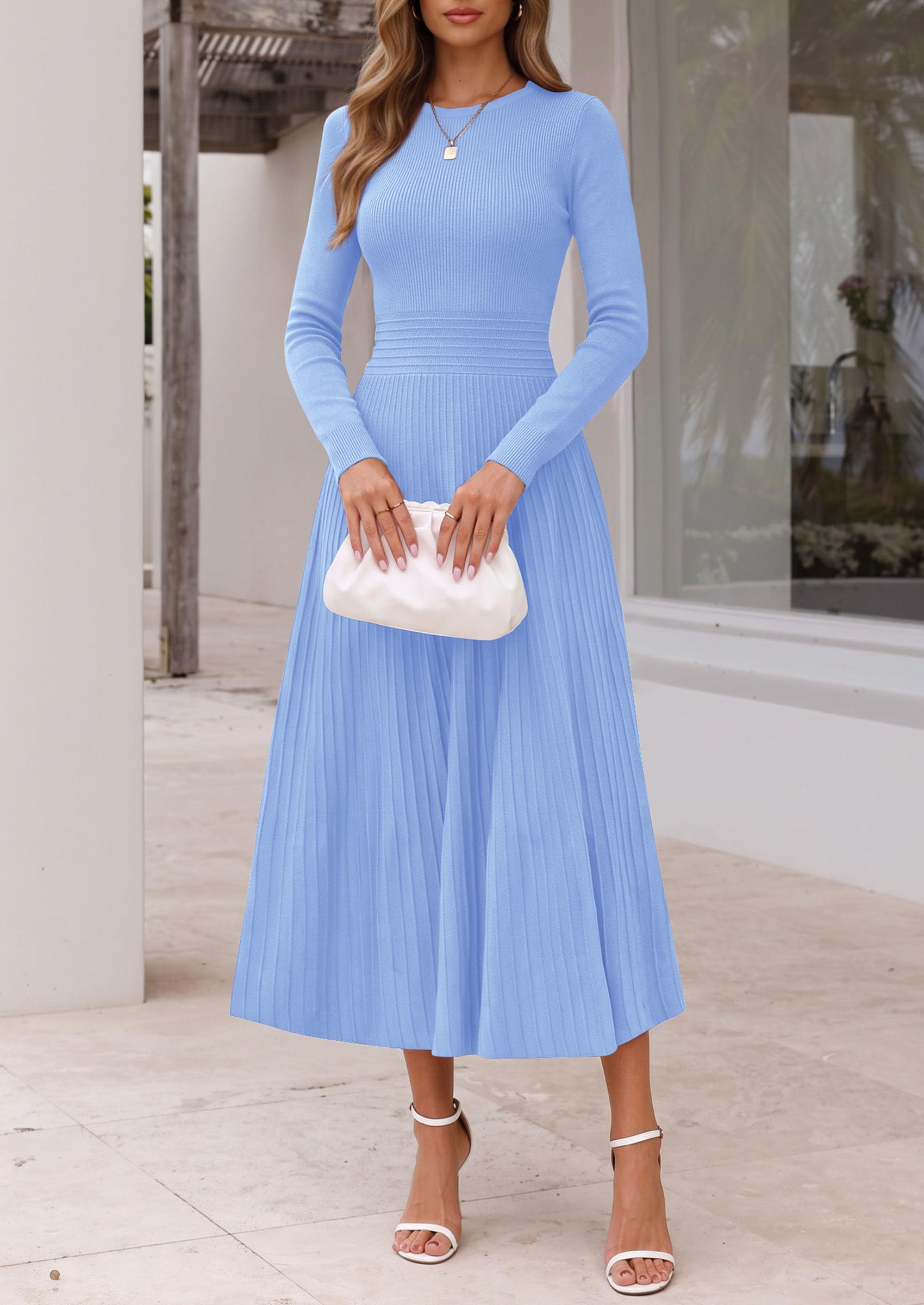 Women's Long Sleeve Knit Maxi Sweater Dress,Light Blue,M