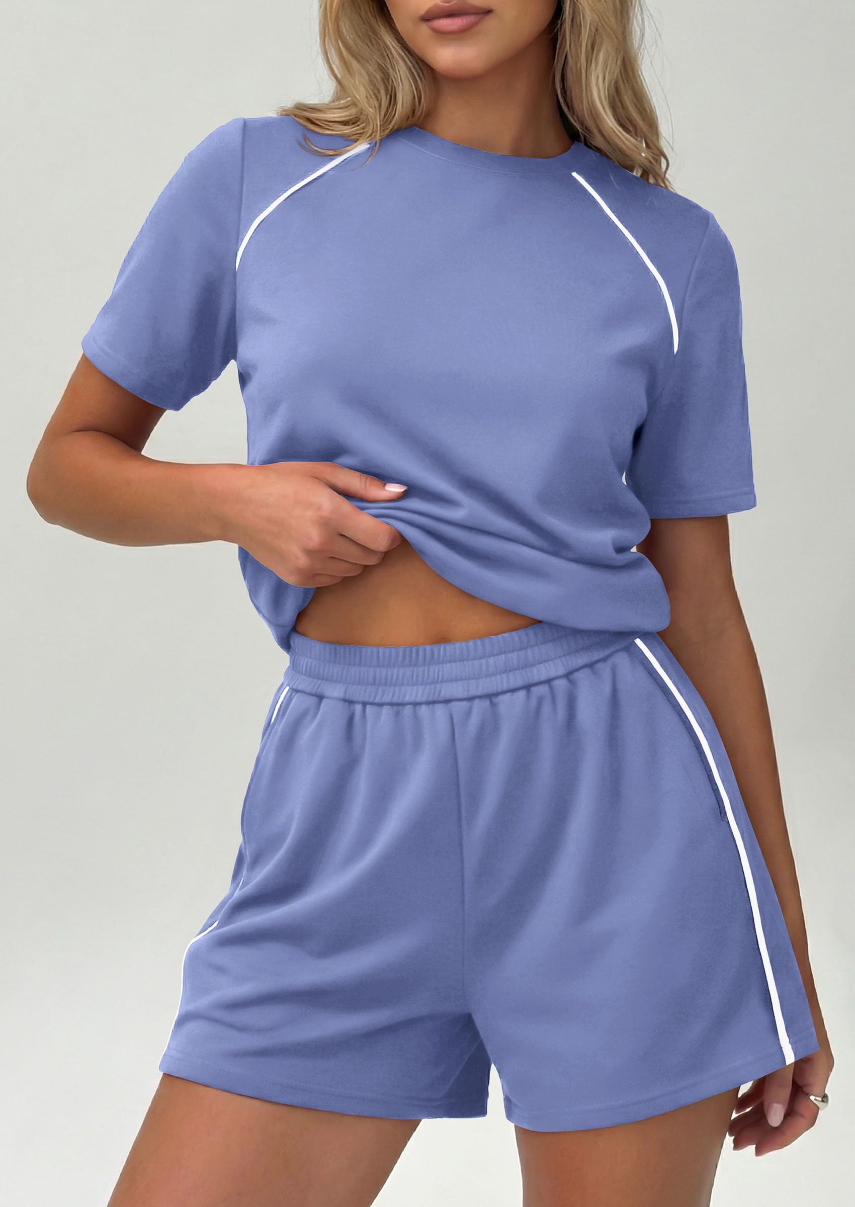 Womens 2 Piece Short Sets Casual Summer Outfits, Light Blue,S