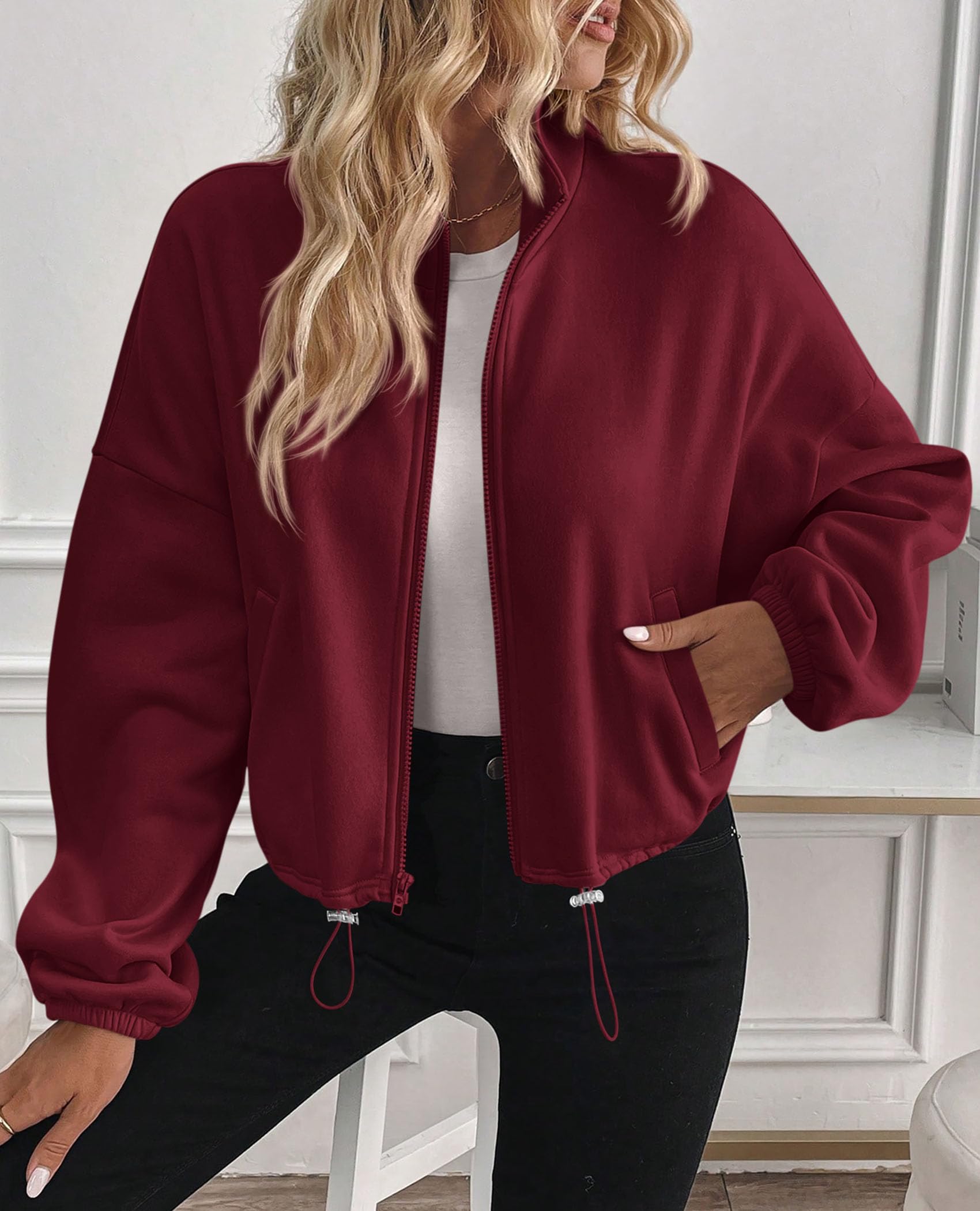 Women's Cropped Jacket Zip Up Fleece Sweatshirt Fall Outfits