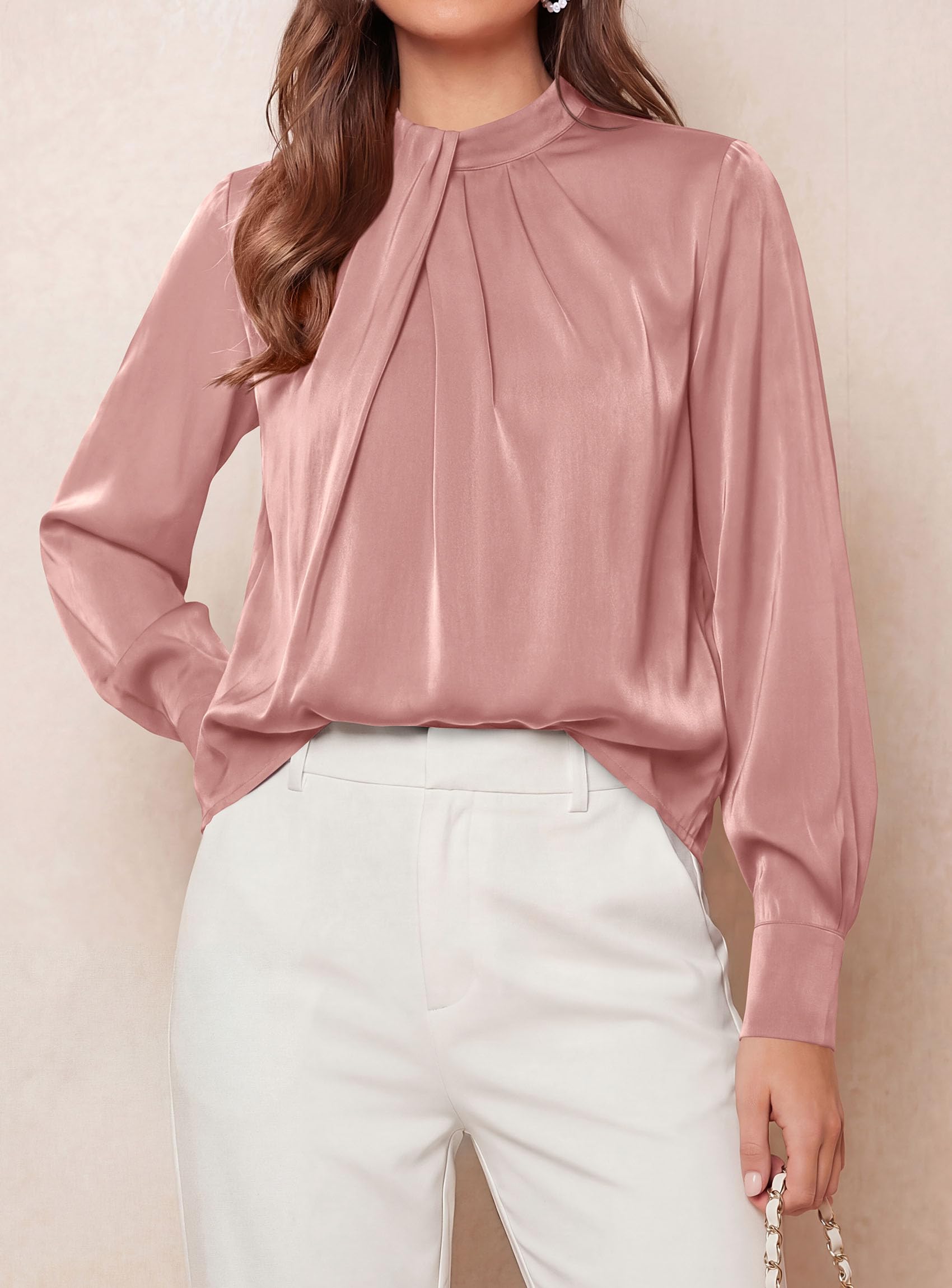 Satin Blouses for Women Dressy Casual Long Sleeve Shirts Pink