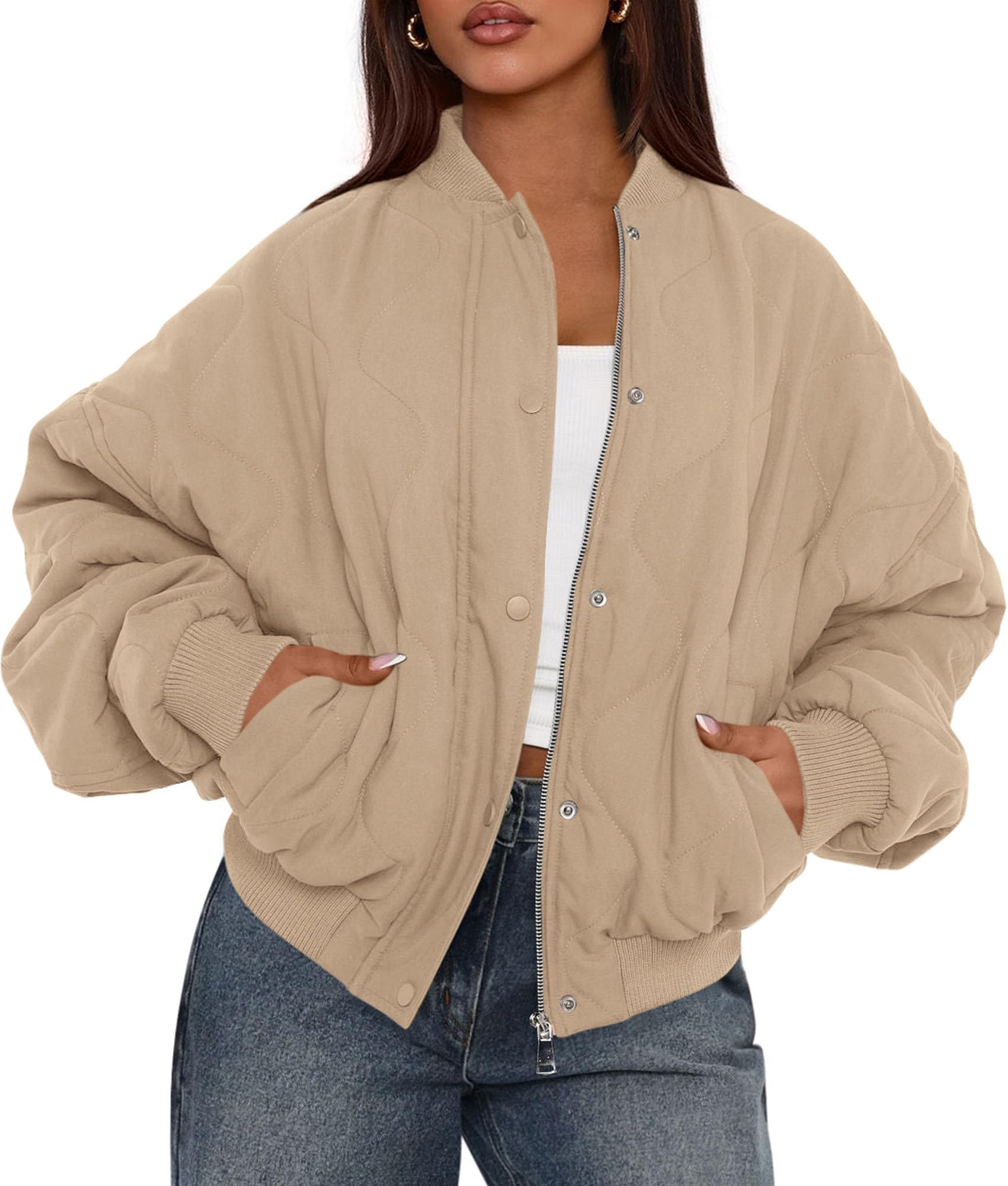 Women's Quilted Bomber Jacket Fall Fashion 2026 Lightweight Cropped Zip up Outerwear Winter Puffer Coats Pockets (Khaki,Small)