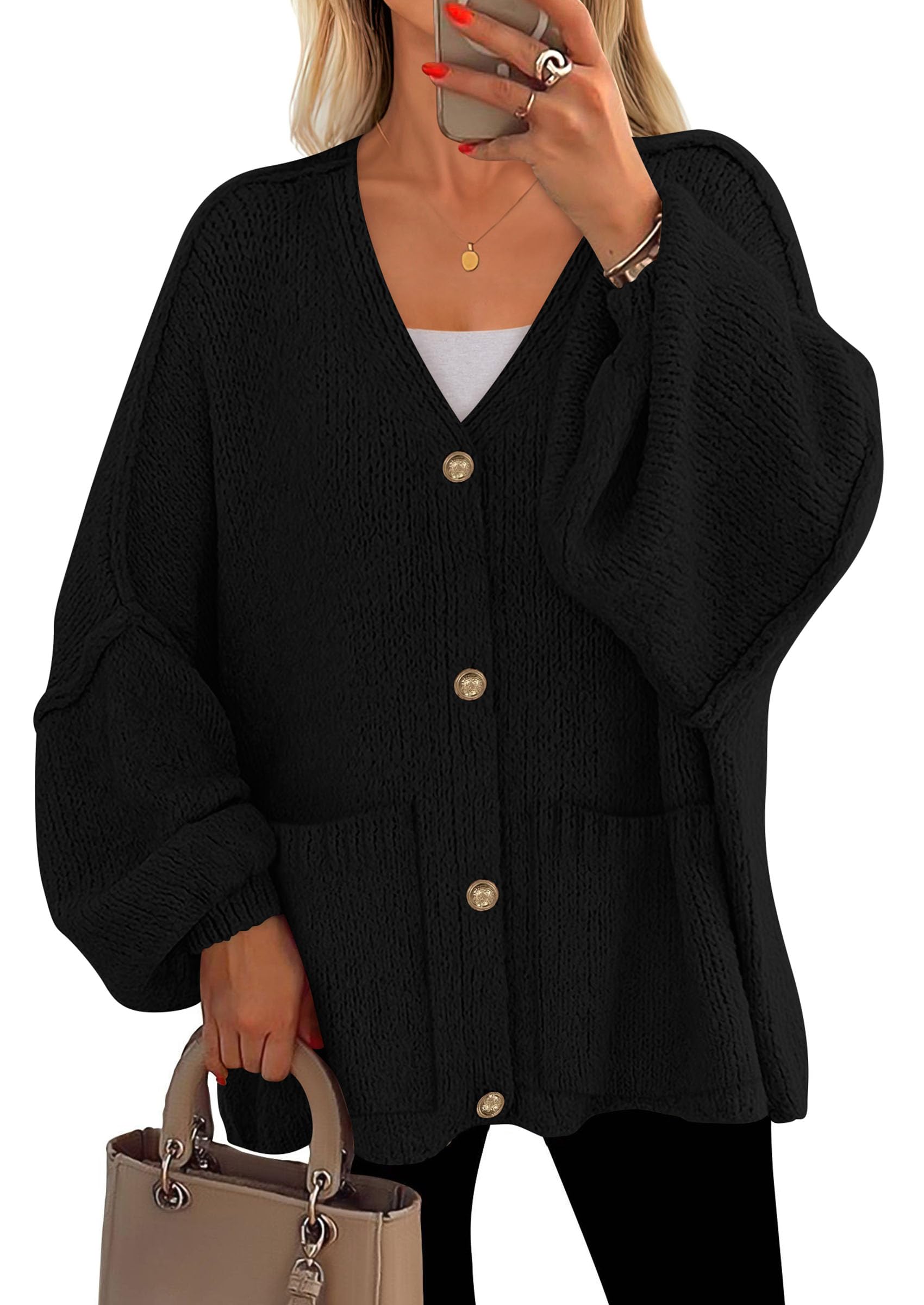 Oversized Chunky Cardigan Sweaters for Women Black,S