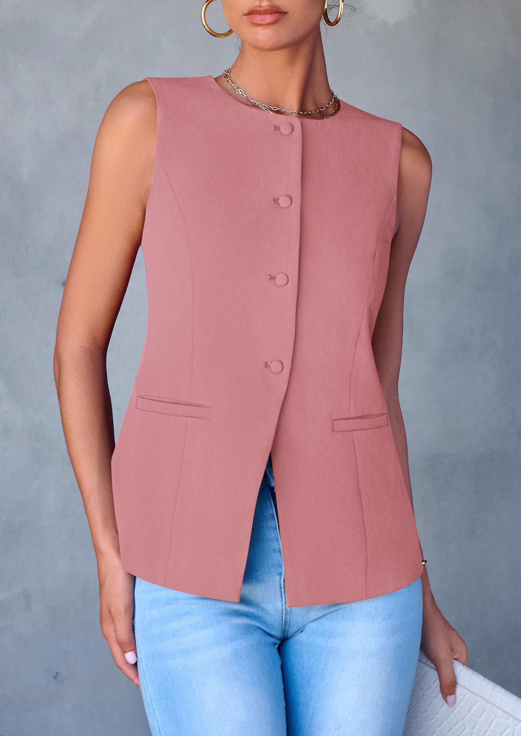 Women Tailored Suit Vest Business Casual Tops, Dark Pink,M