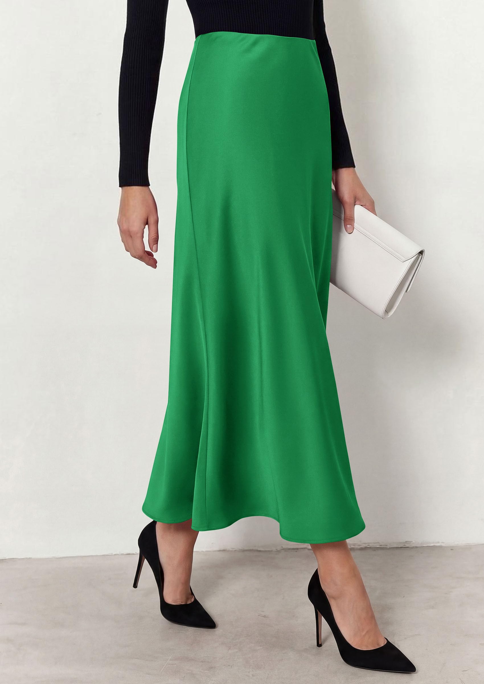 Women's Silk Satin Maxi Skirts Fall Clothes (Green,S)