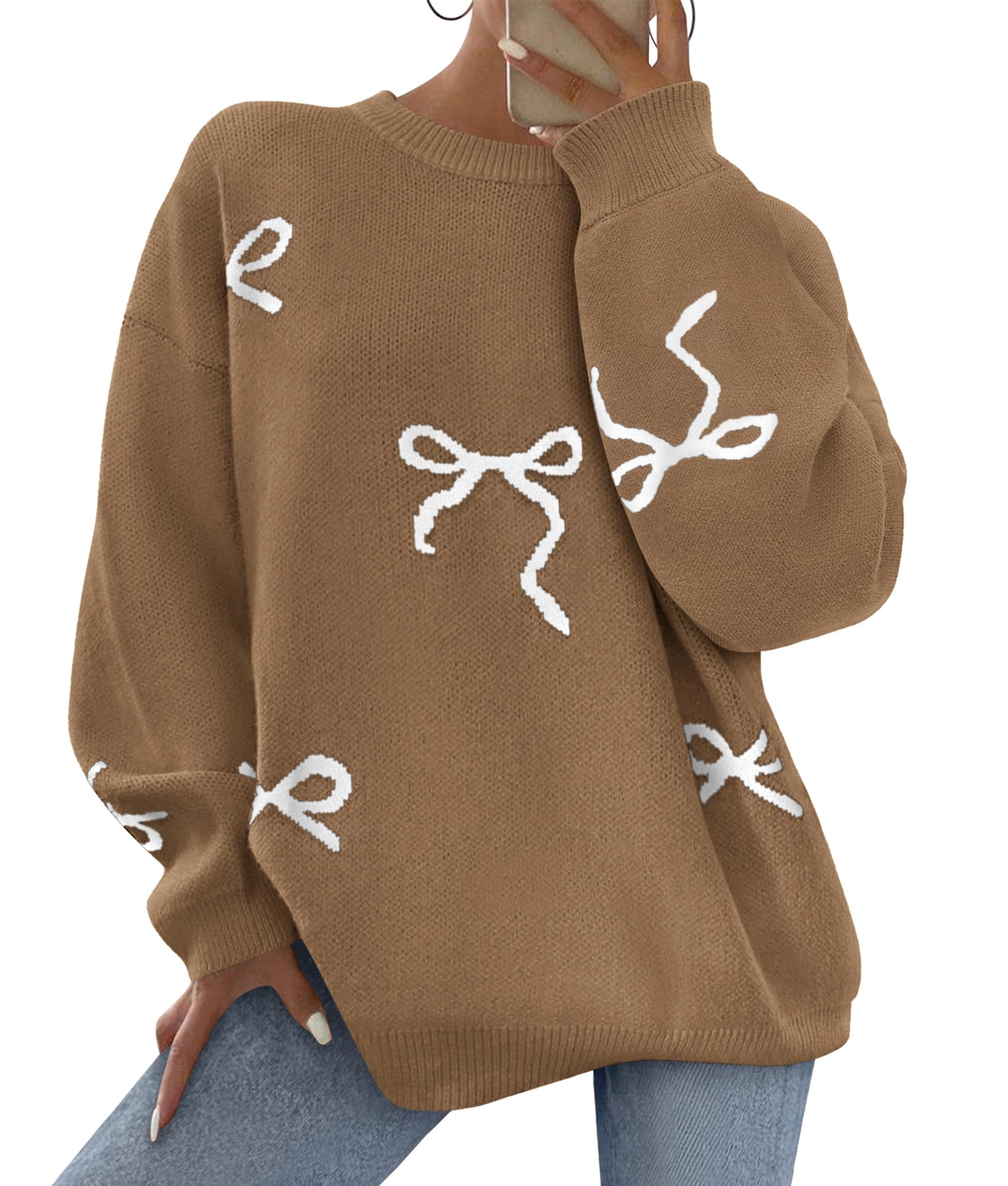 Fall Long Sleeve Pullover Sweaters for Women 2026 Trendy Crewneck Casual Cute Bow Chunky Knit Oversized Sweater (Camel,Small)