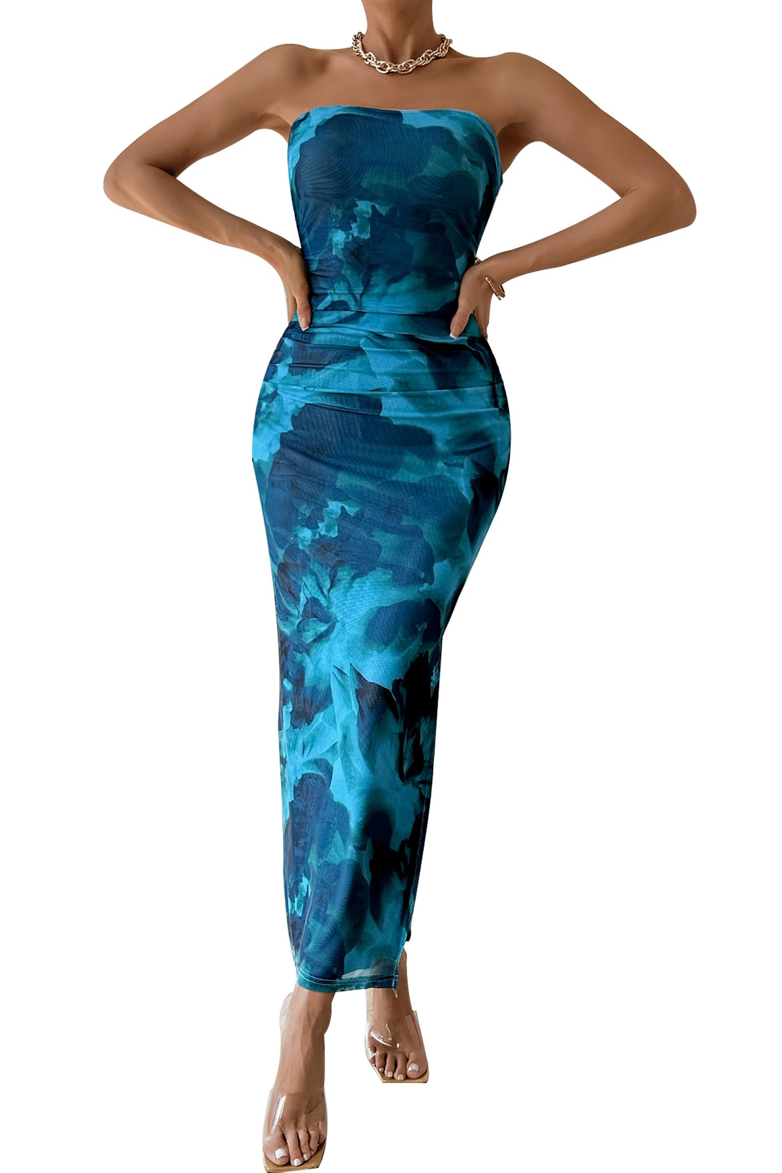 Womens Strapless Bodycon Floral Maxi Dress, Print Lake Blue,S