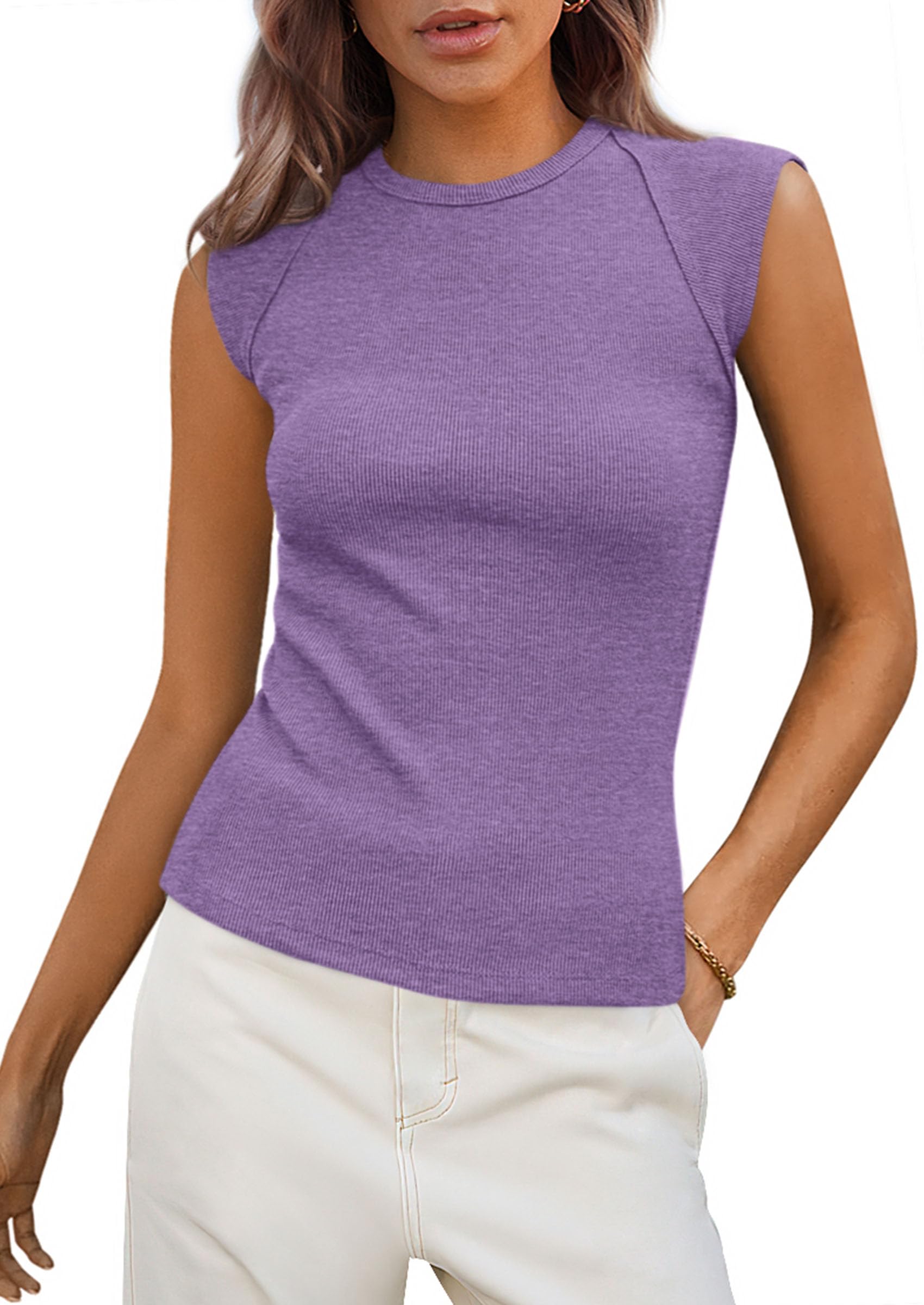 Women's Cap Sleeve Ribbed Tank Tops Summer, Light Purple,S