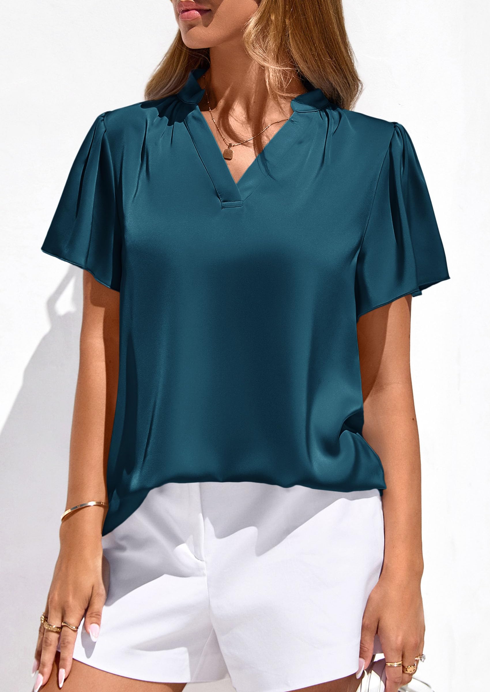 Women's Summer Satin Dressy Casual Blouses (Dark Blue,S)