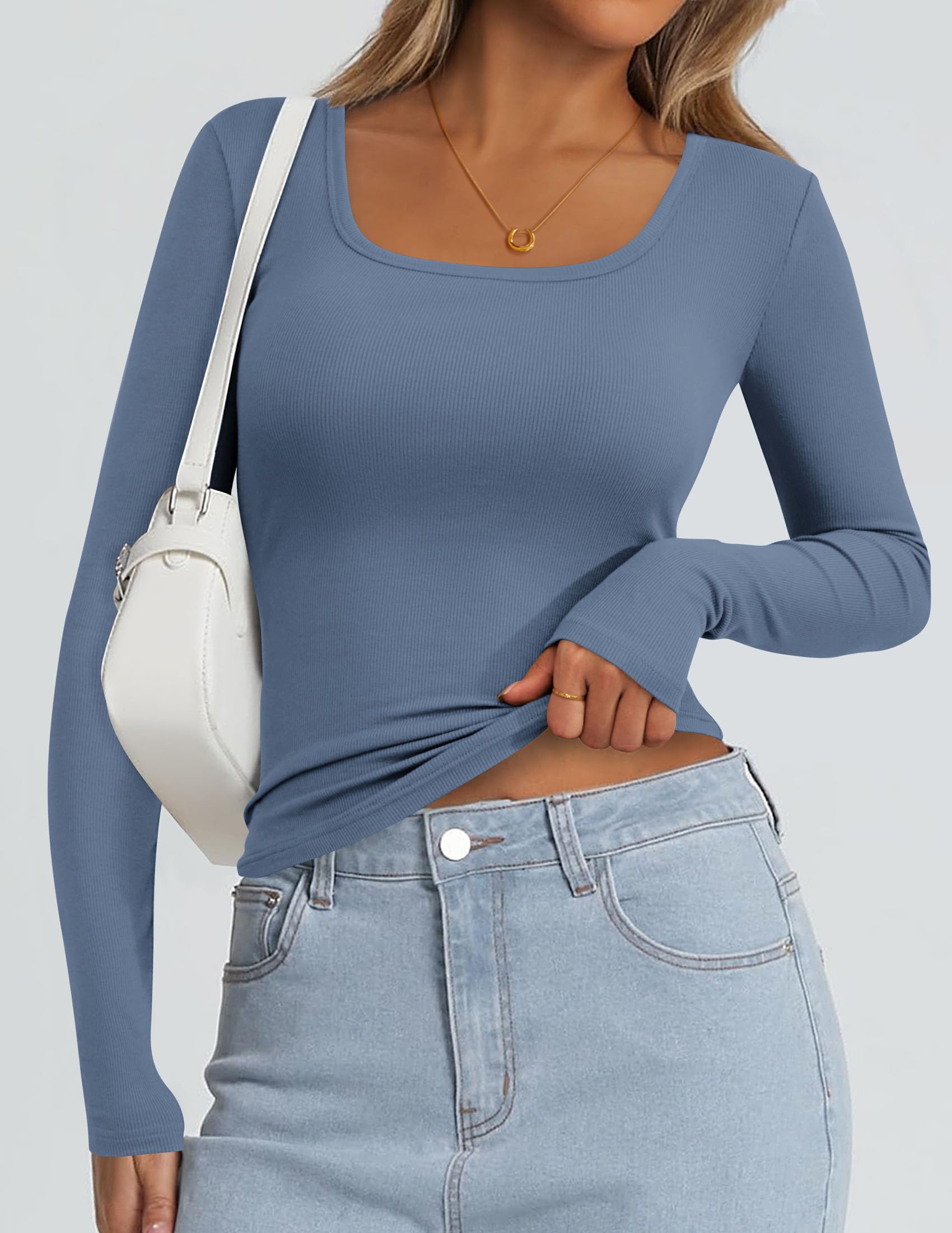 Square Neck Long Sleeve Shirts for Women Blue Grey,S