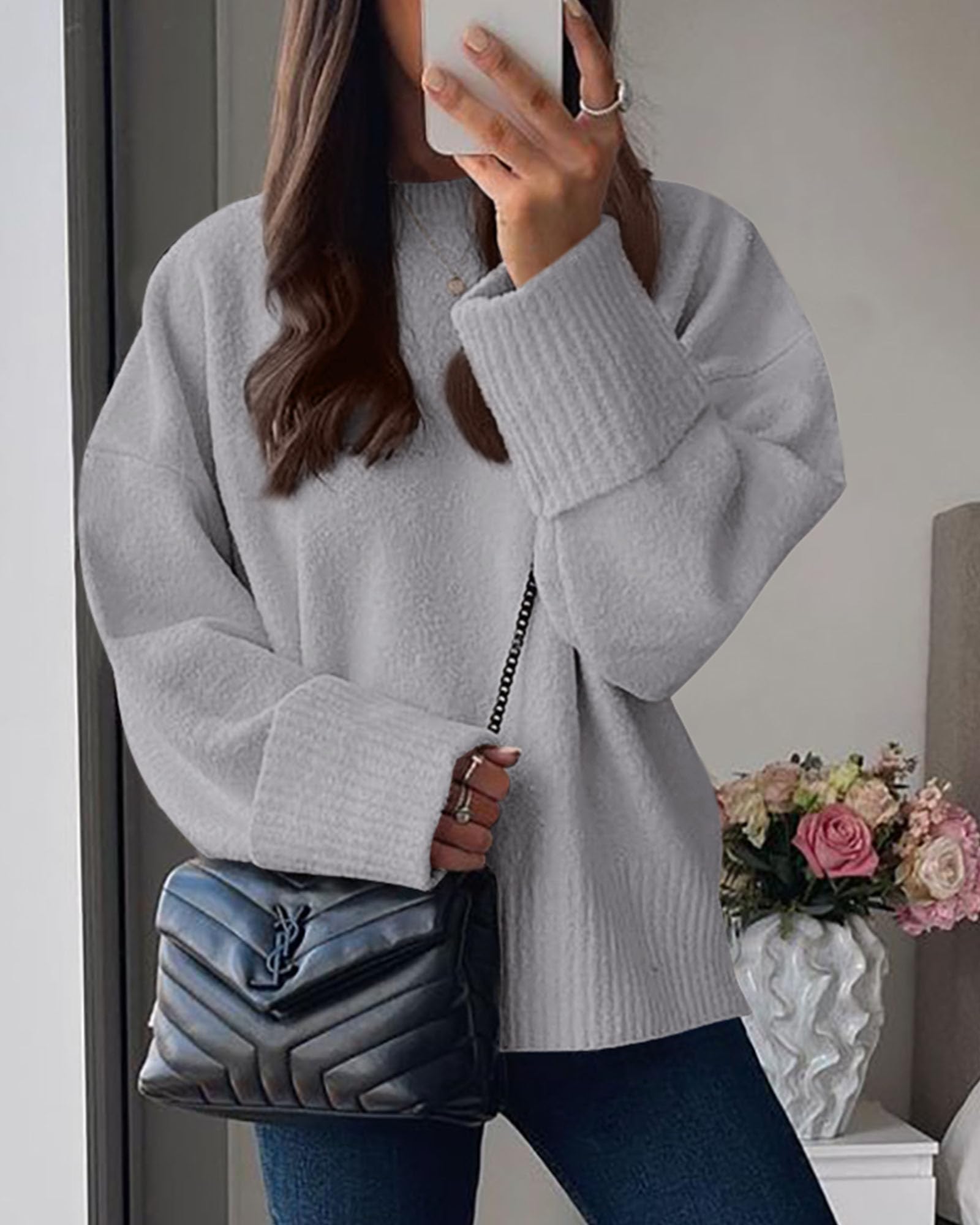Women's Fall Fashion Cozy Oversized Sweaters(Light Grey,XS)