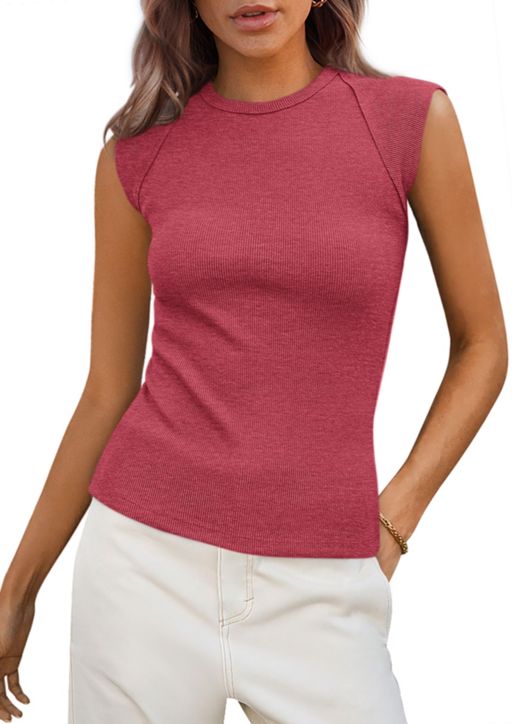 Women's Cap Sleeve Ribbed Tank Tops Summer, Watermelon Red,S