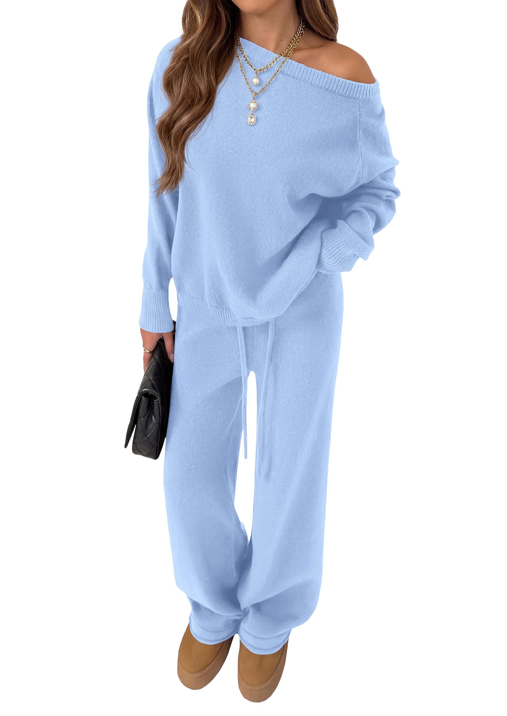 Lounge Sets Womens Sweaters Two Piece Outfits (Light Blue,L)