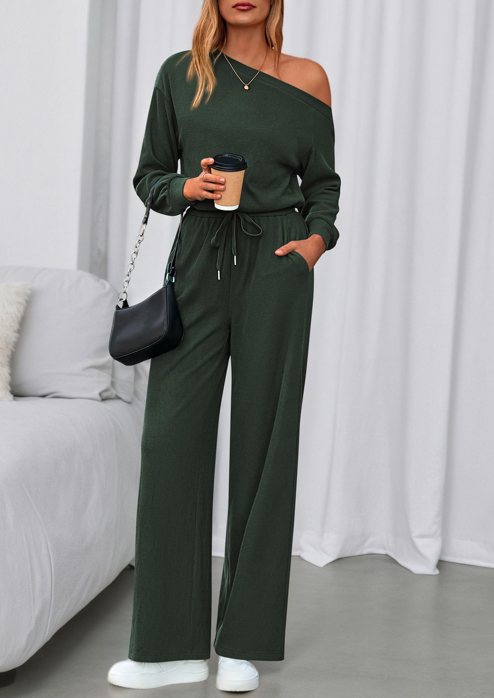 Womens Off Shoulder Long Sleeve Jumpsuit,Dark Army Green,S