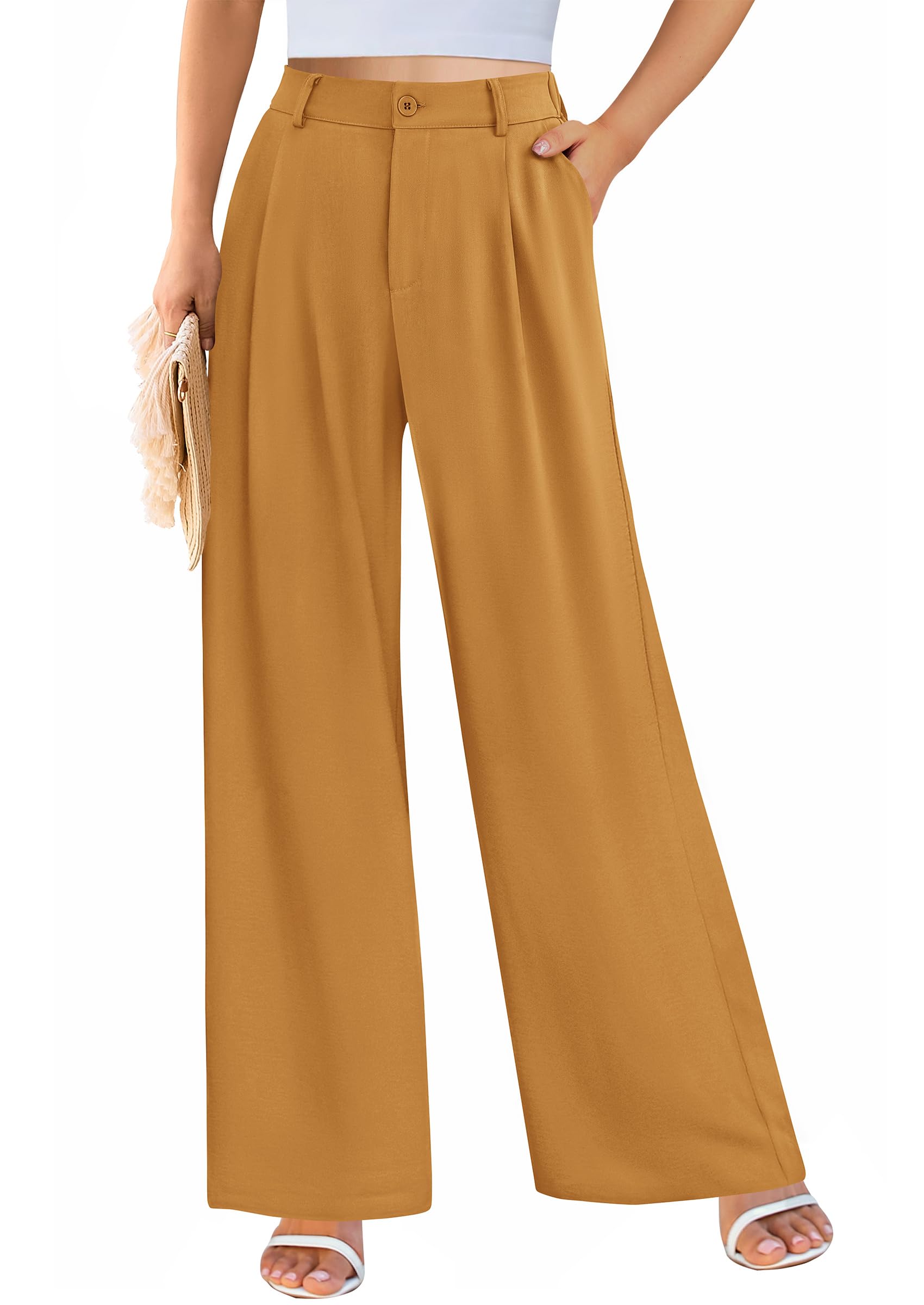 Women's Flowy Wide Leg Dress Pants,Brown Yellow,S