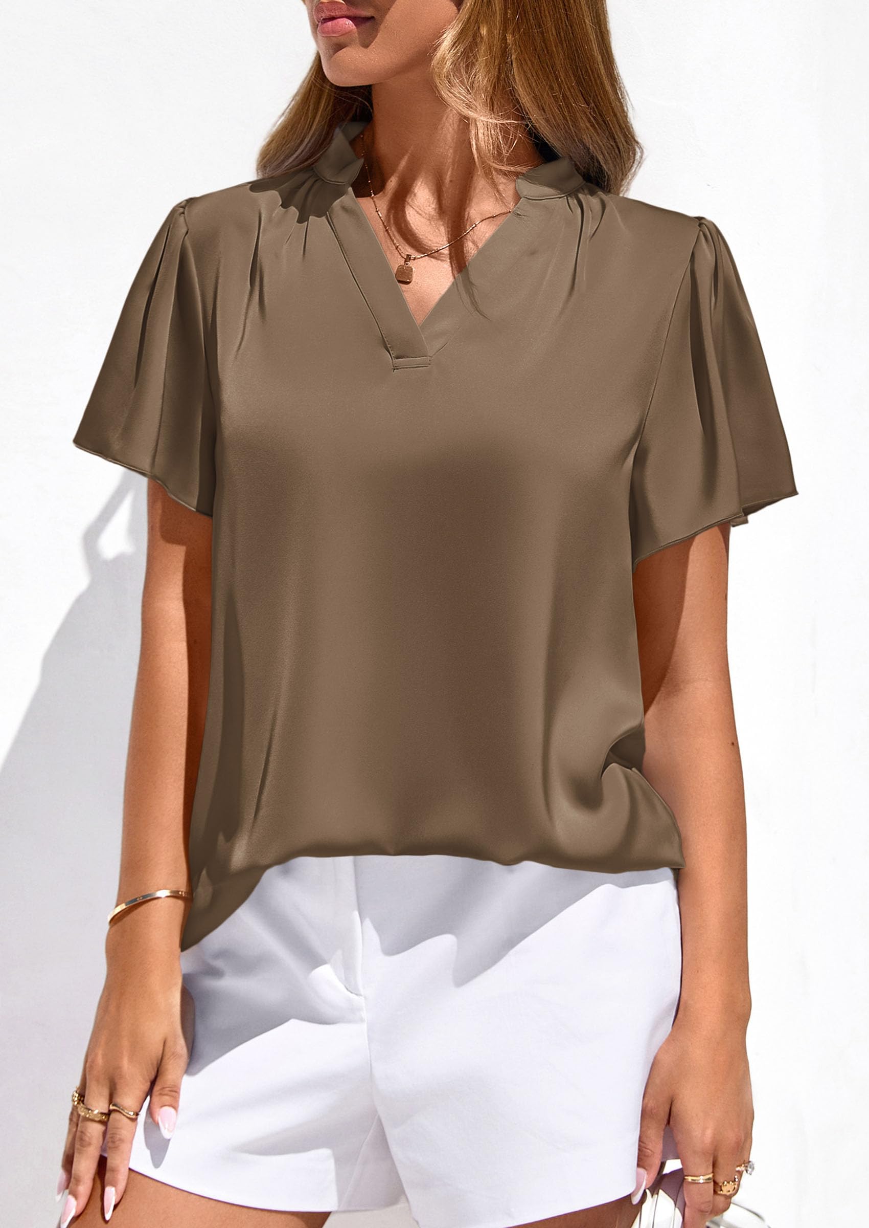 Women's Summer Satin Dressy Casual Blouses (Brown,S)