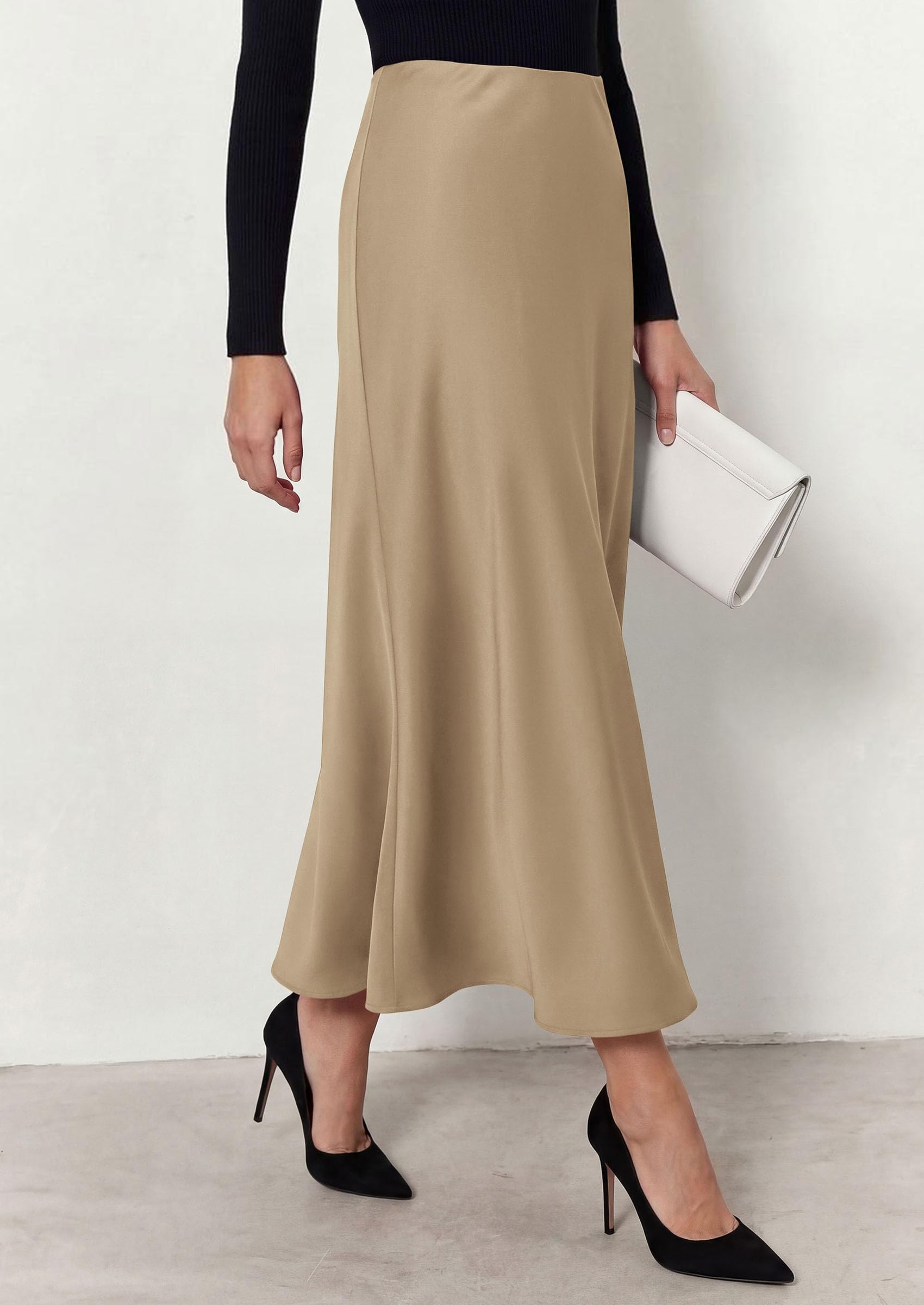 Women's Silk Satin Maxi Skirts Fall Clothes (Khaki,S)