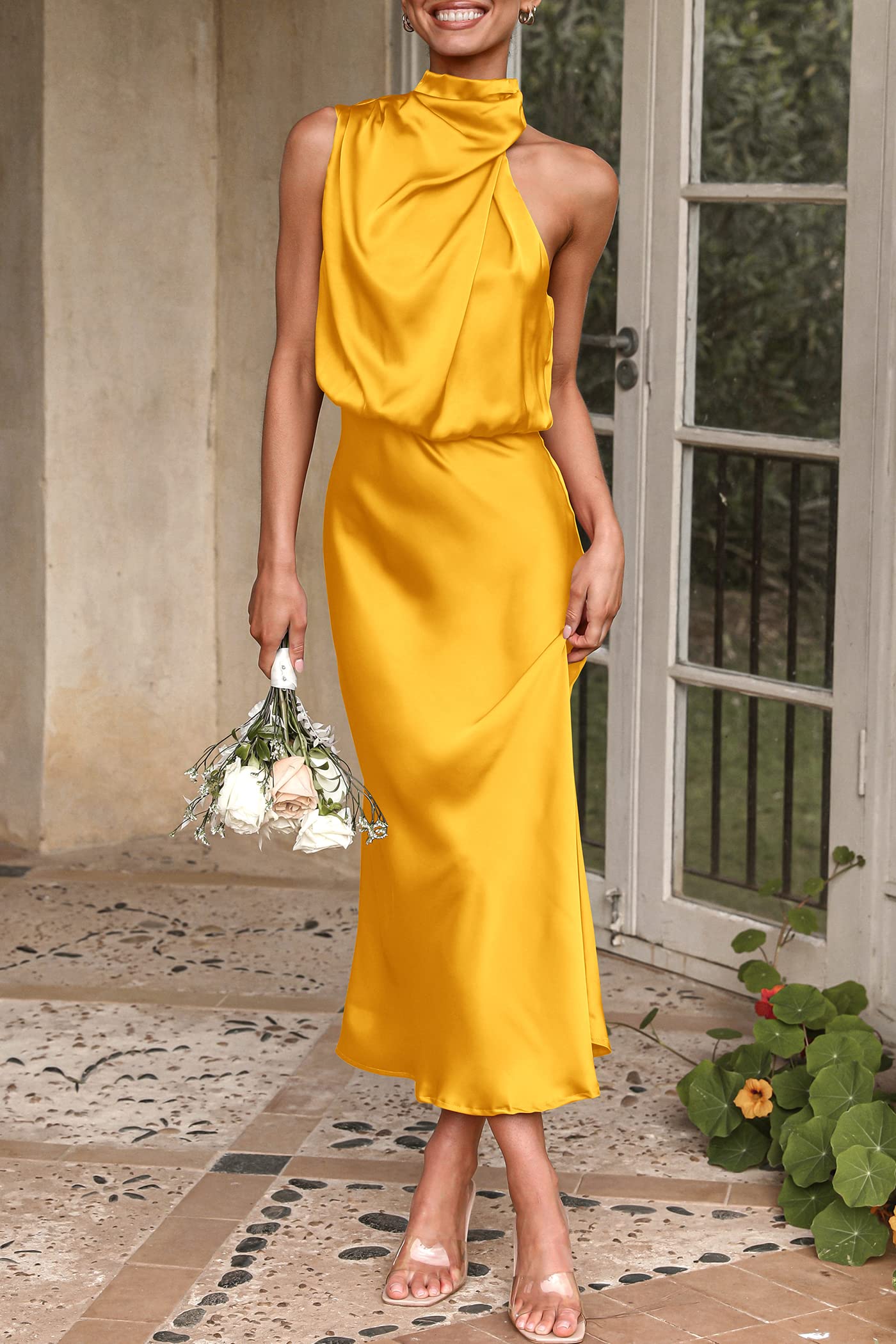 Women's Summer Satin Maxi Cocktail Dress Yellow