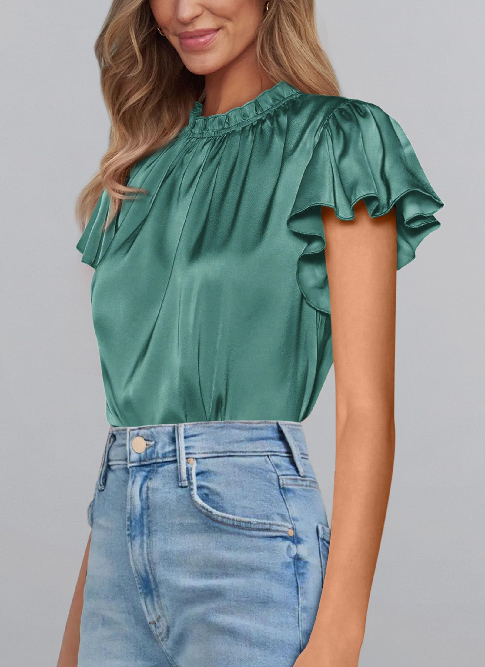 Women's Satin Tops Business Casual Work Blouses, Aqua Green,S