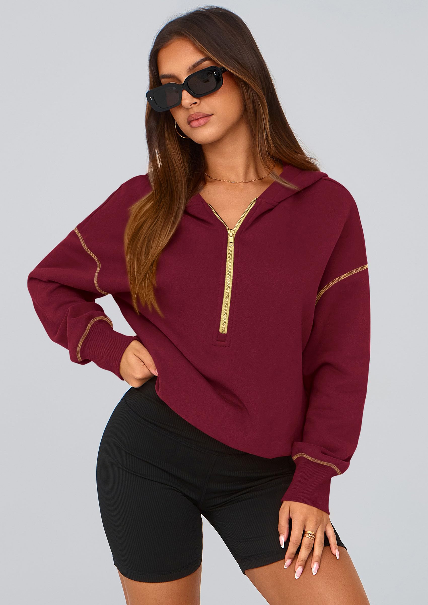 Women's Fall Half Zip Cropped Hoodie Sweatshirt Wine Red