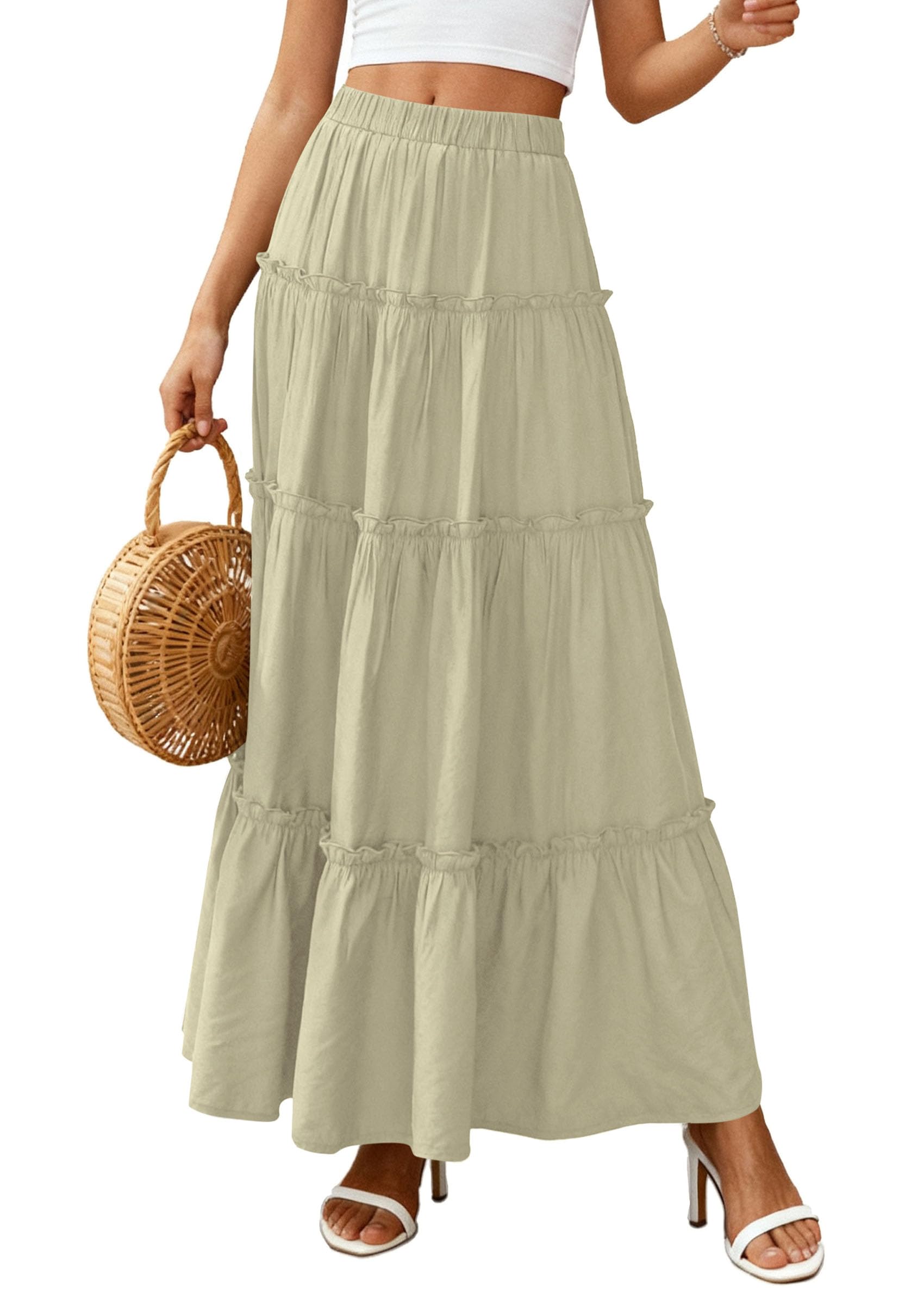 Women's Boho Tiered Ruffle Flowy Maxi Skirt, Sage Green,S