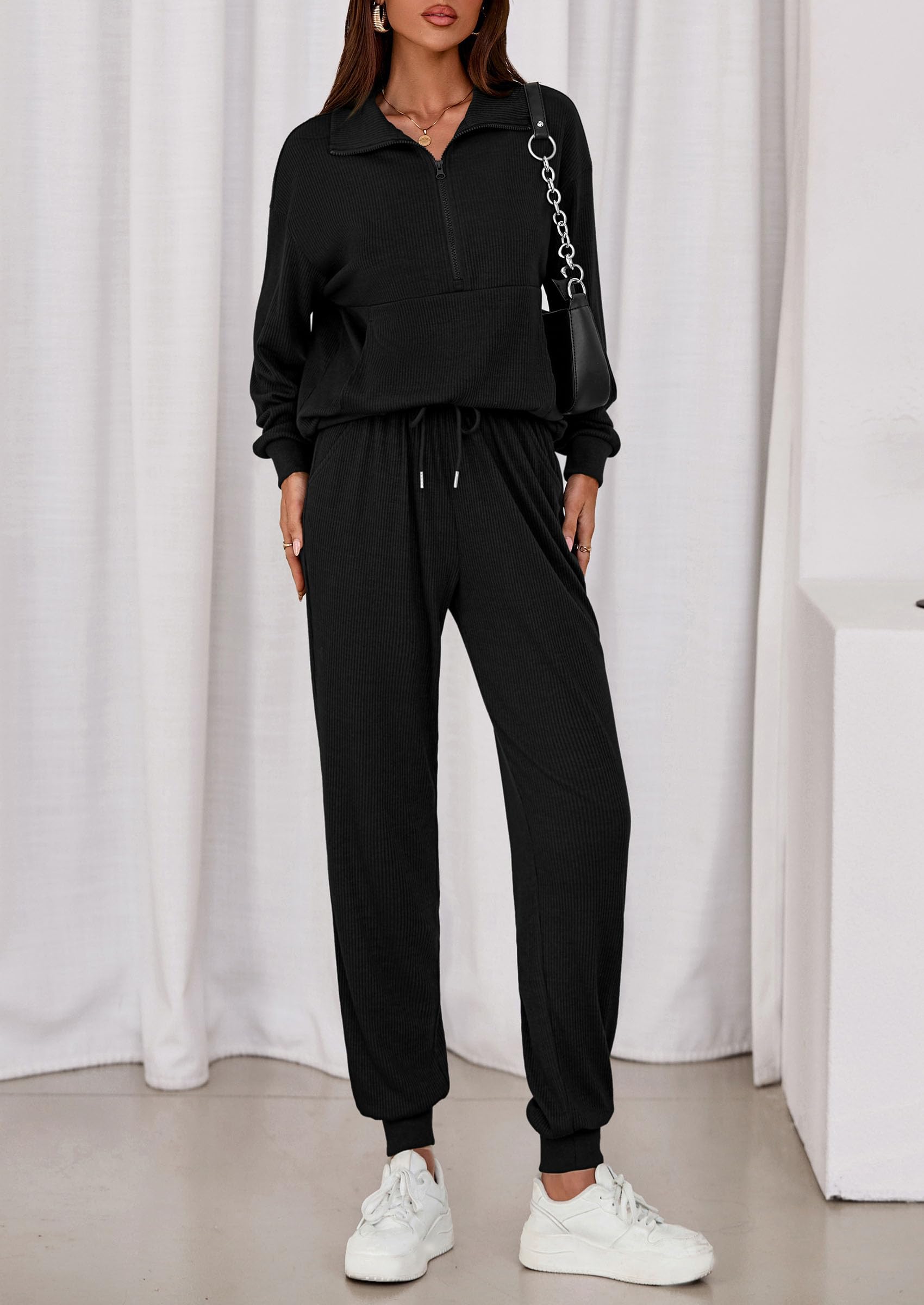 Airport Travel Outfit Women Ribbed Knit Matching Lounge Sets