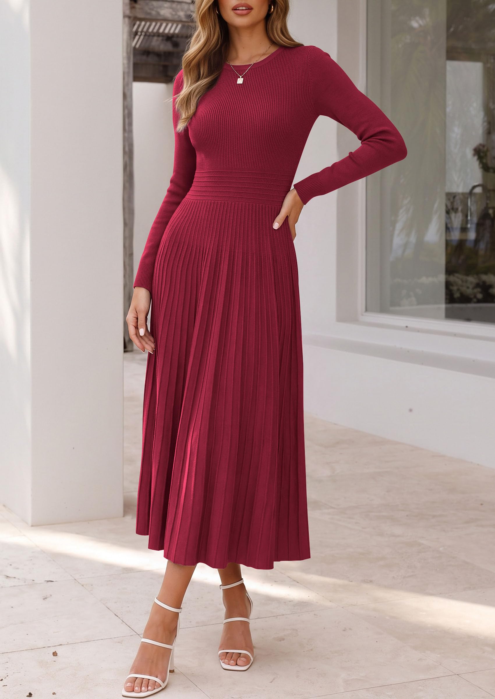 Women's Long Sleeve Knit Maxi Sweater Dress,Burgundy,S