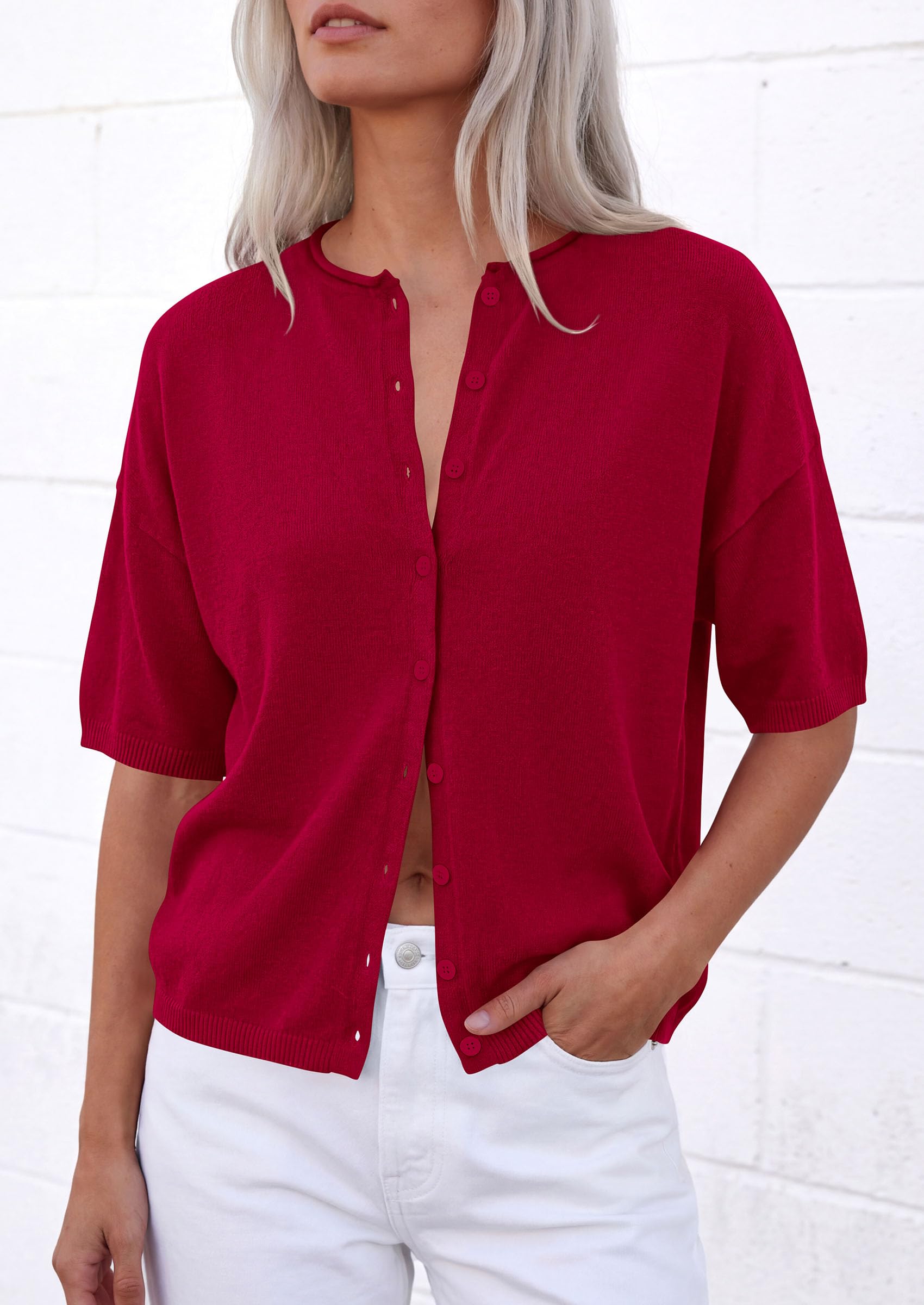 Women's Short Sleeve Cardigan Sweaters (Red,Large)