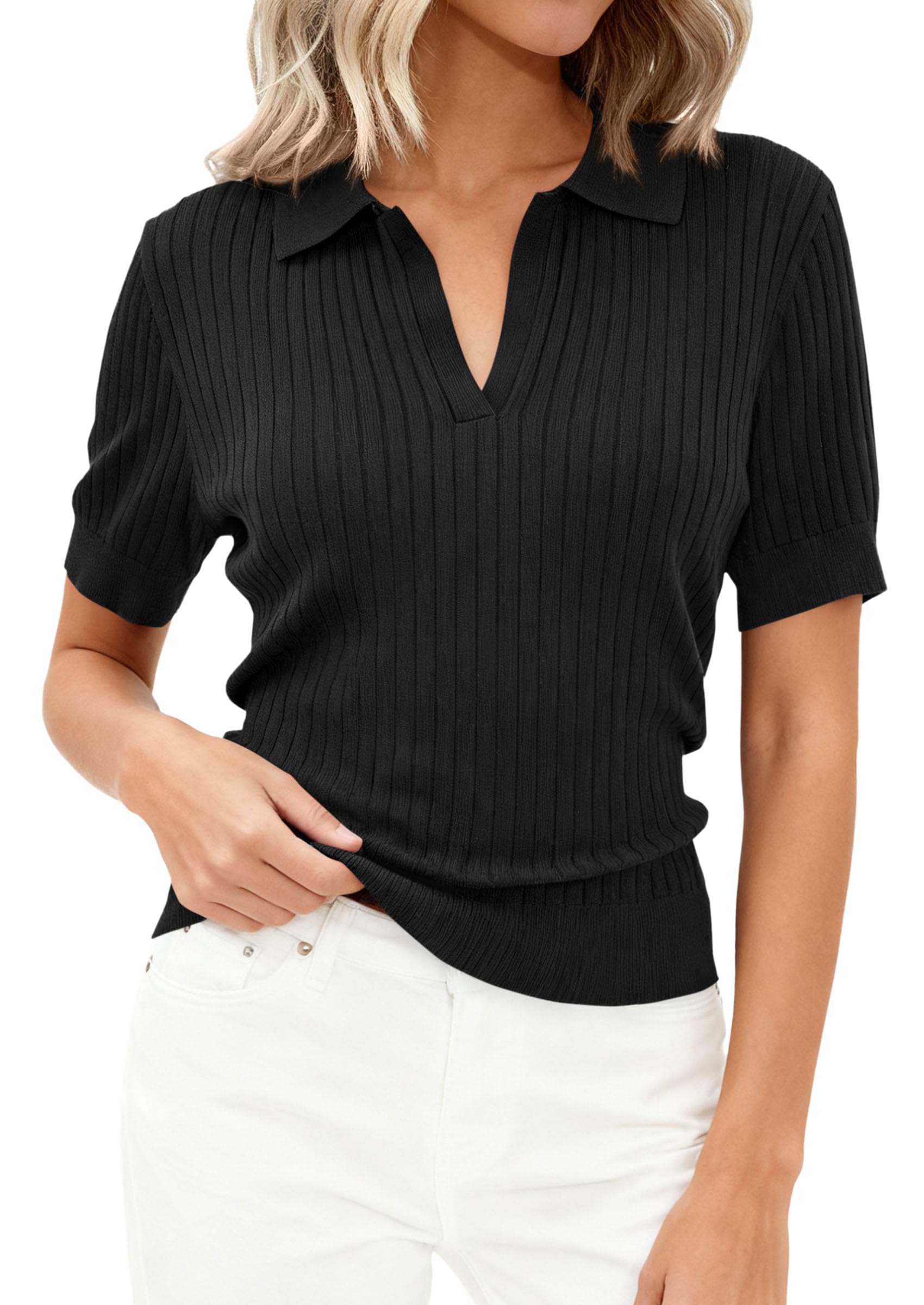 Women's Short Sleeve Sweater Polo Shirts,Black,XS
