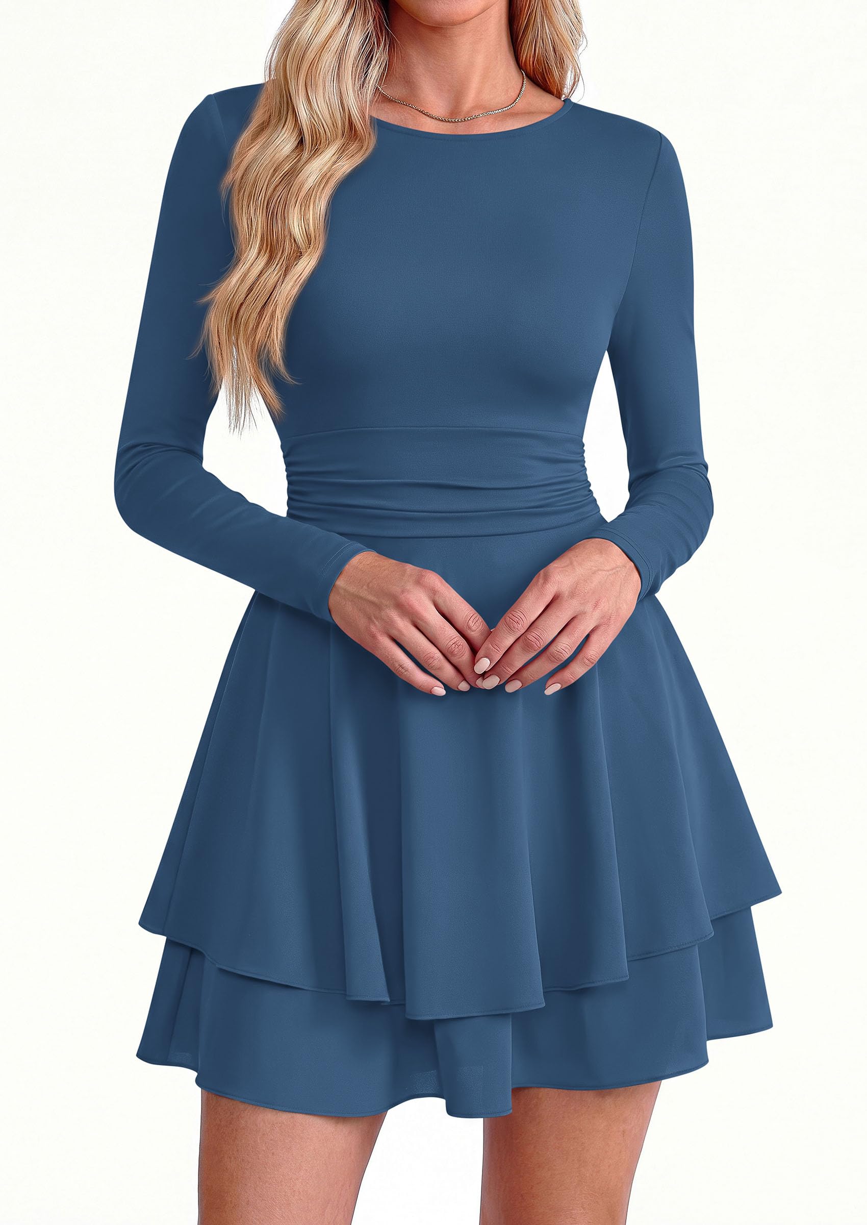 Womens Fit and Flare Crewneck Long Sleeve Mini Dress Grey Blue