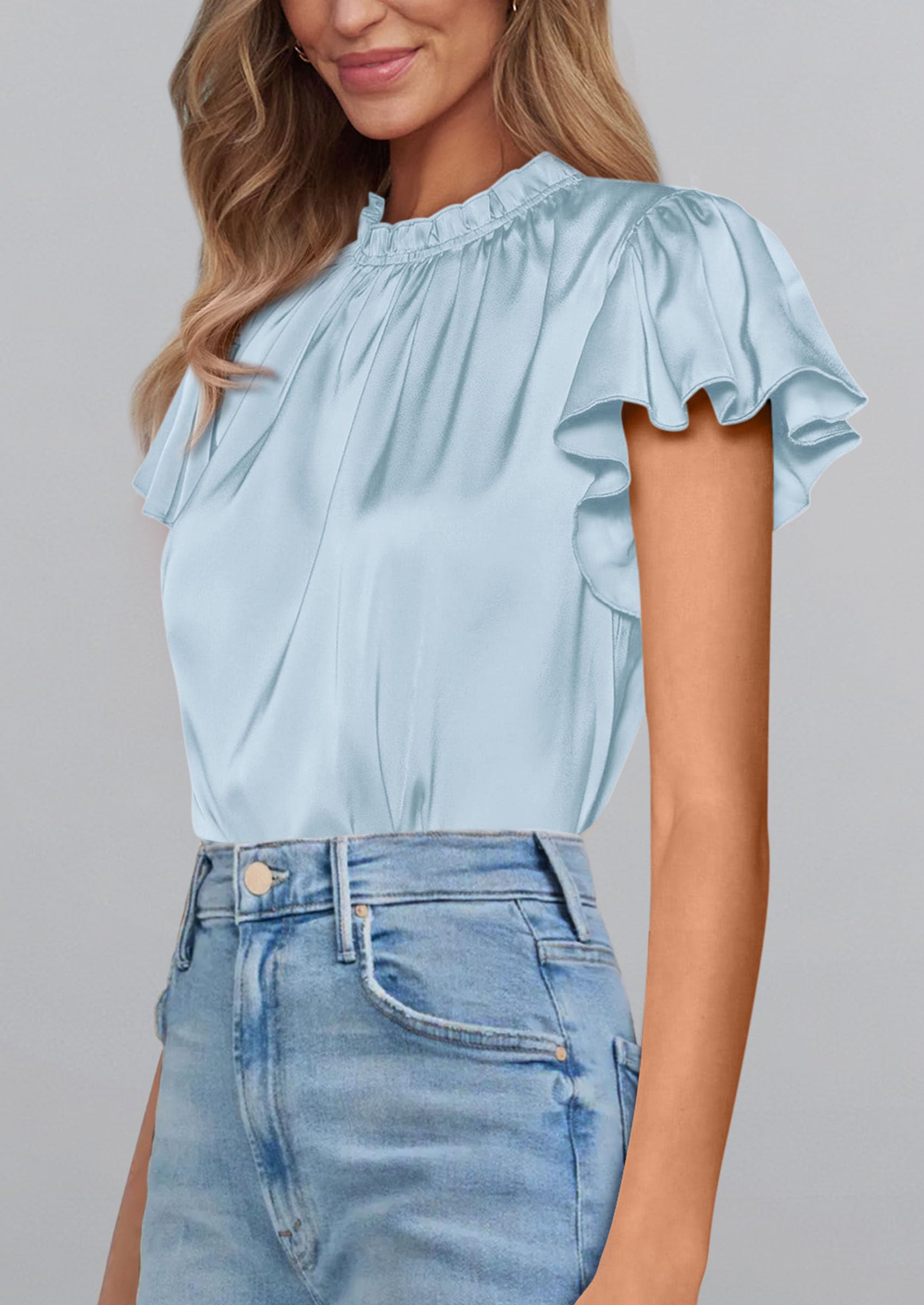 Women's Satin Tops Business Casual Work Blouses, Light Blue,S