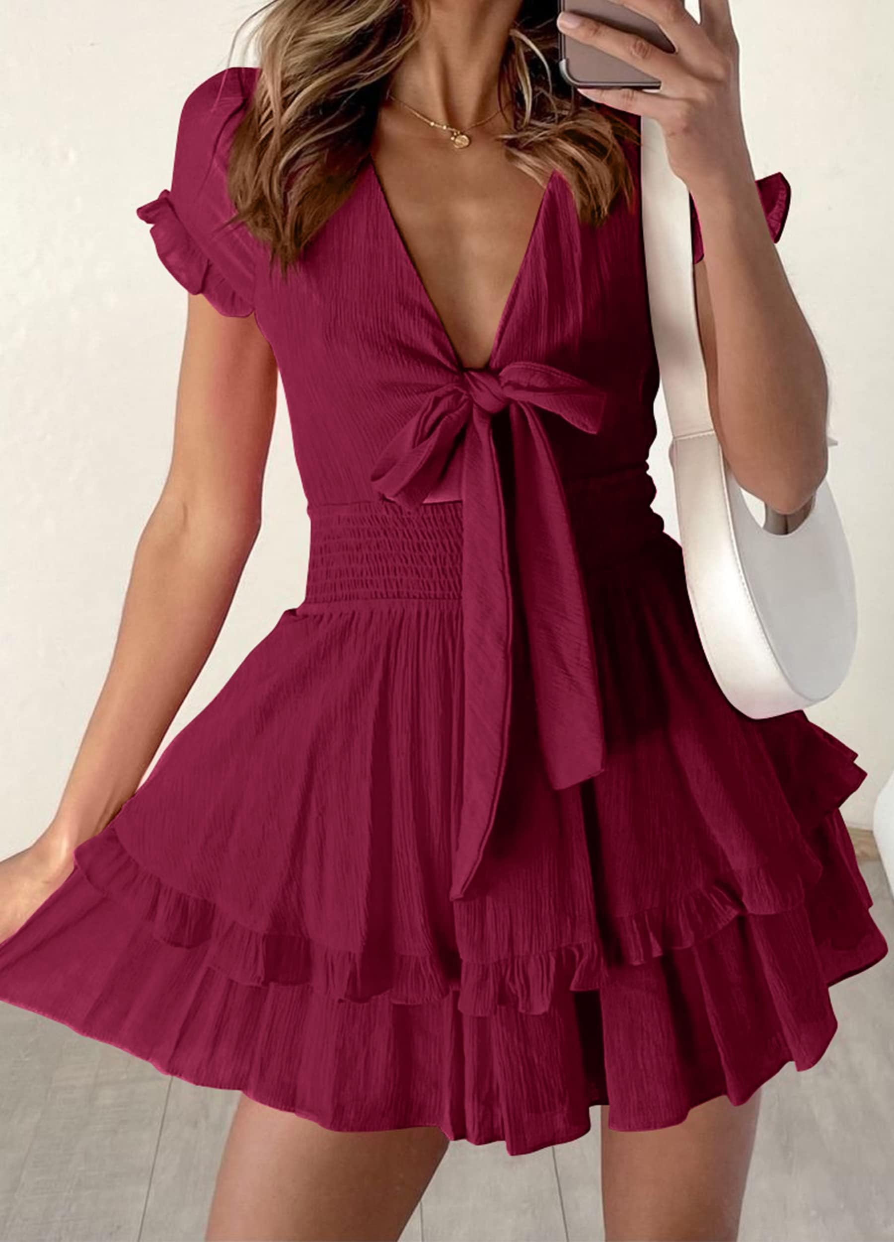 Women's Boho Floral Mini Tiered Bow Dress, Wine Red,M