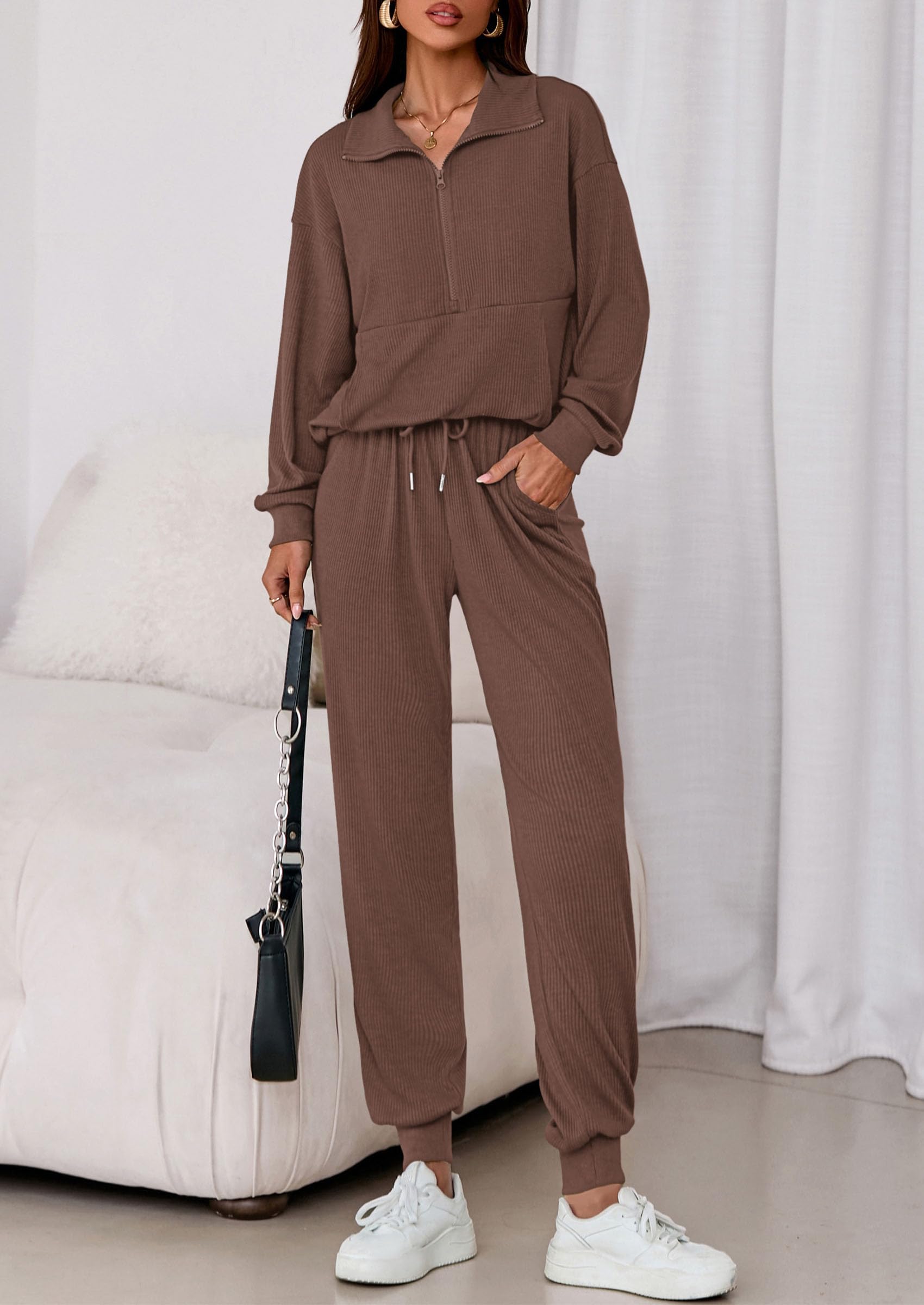 Airport Travel Outfit Women Ribbed Knit Matching Lounge Sets