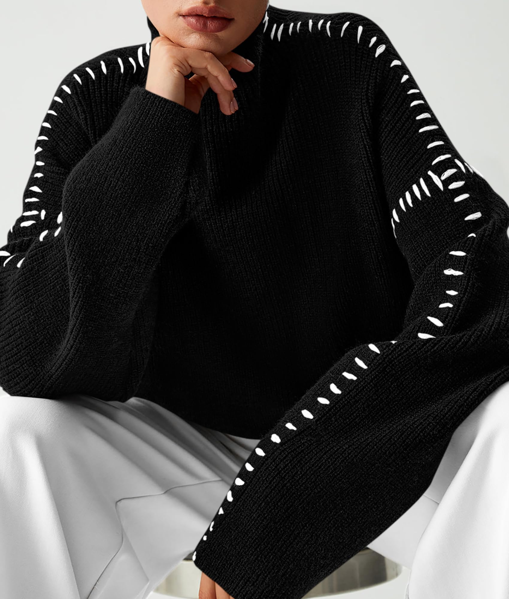 Womens Chunky Knit Oversized Pullover Sweaters,Black,S