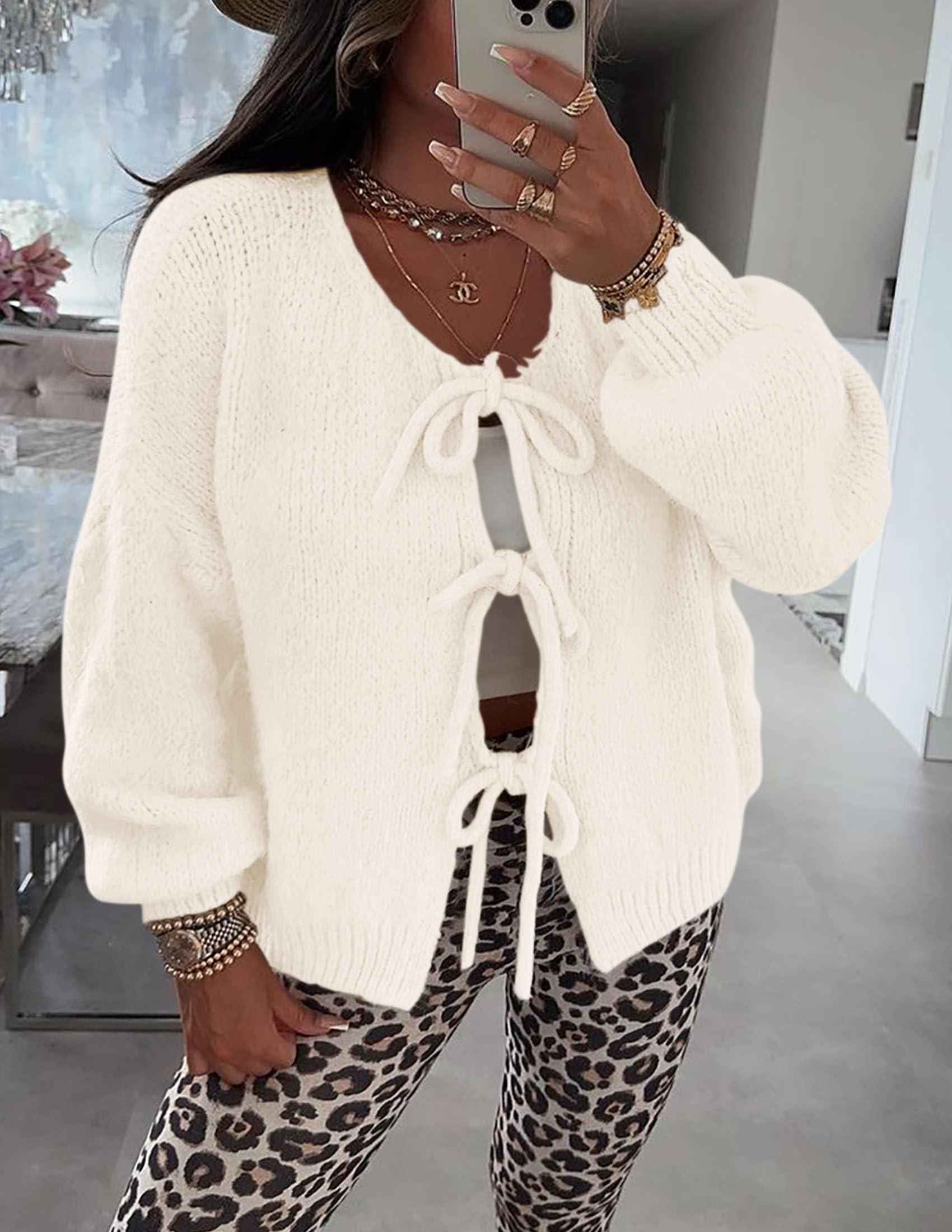 Women's Tie Front Bow Cardigan Sweaters(White,Small)