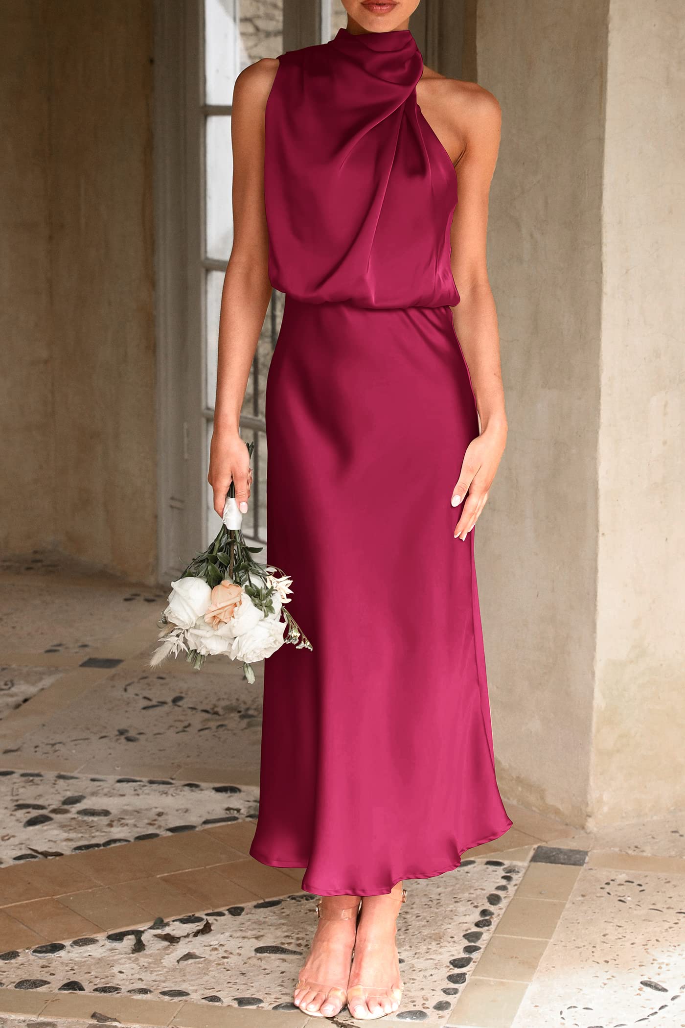 Women's Summer Satin Maxi Cocktail Dress Deep Red