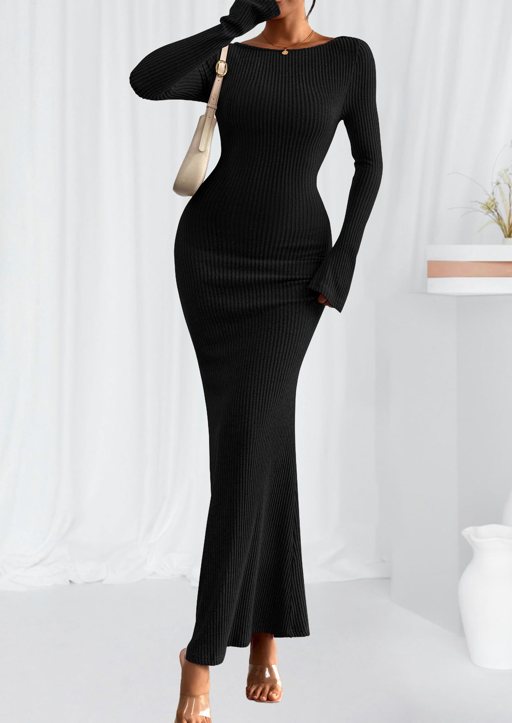 Women's Fall Long Sleeve Bodycon Maxi Dresses (Black,XS)