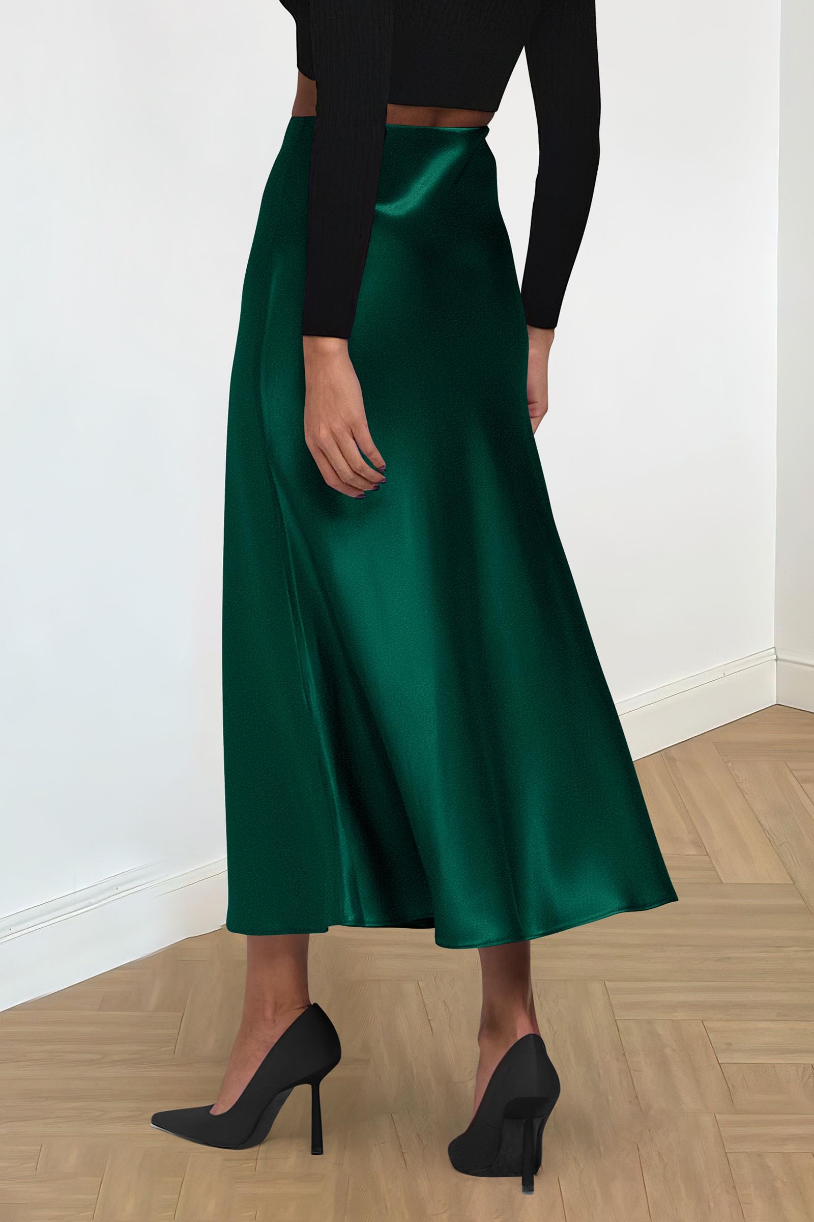Women's Satin Midi Skirts Dressy Casual,Dark Green,S