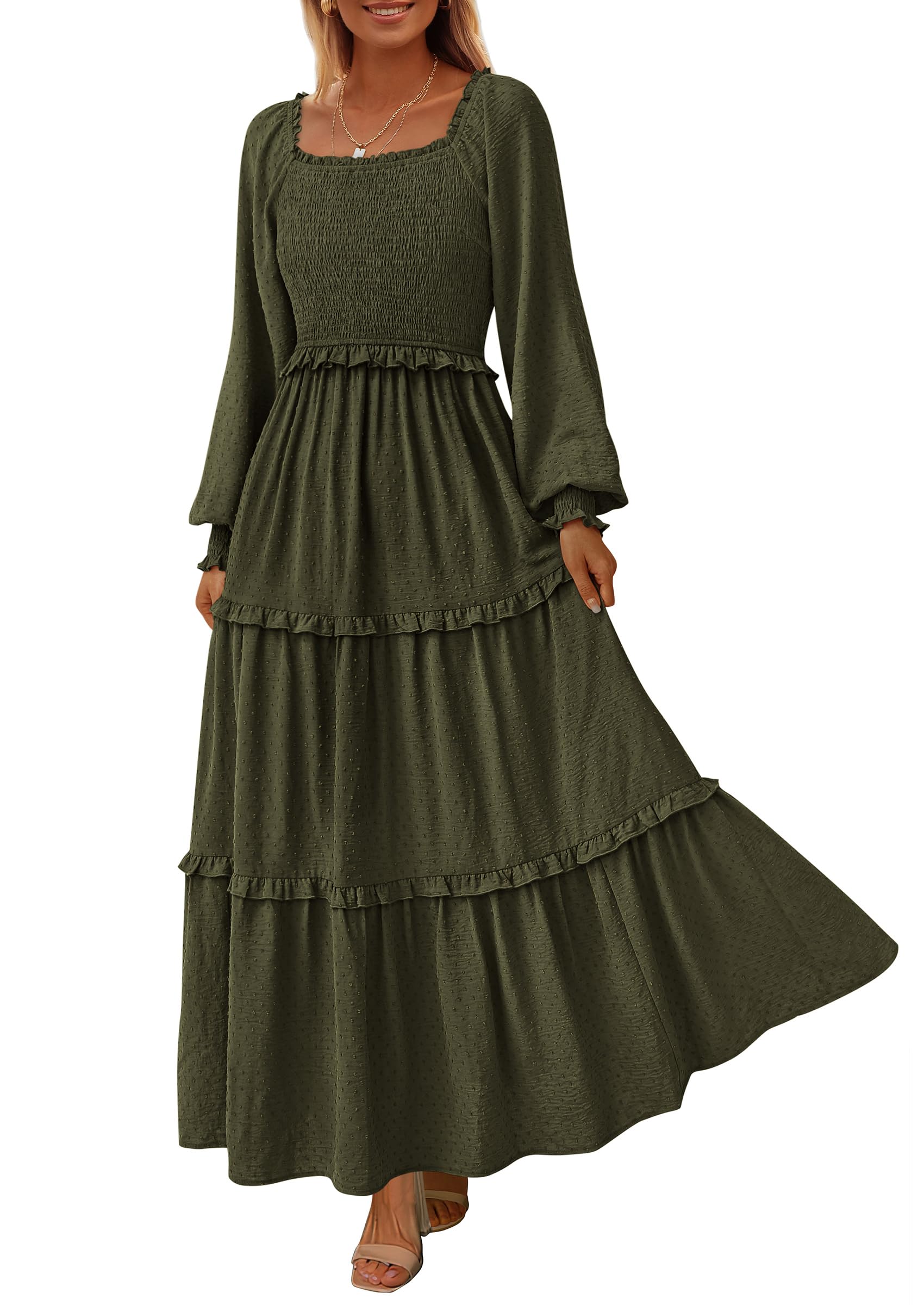 Women's Smocked Long Sleeve Maxi Dress Wedding Guest Dresses