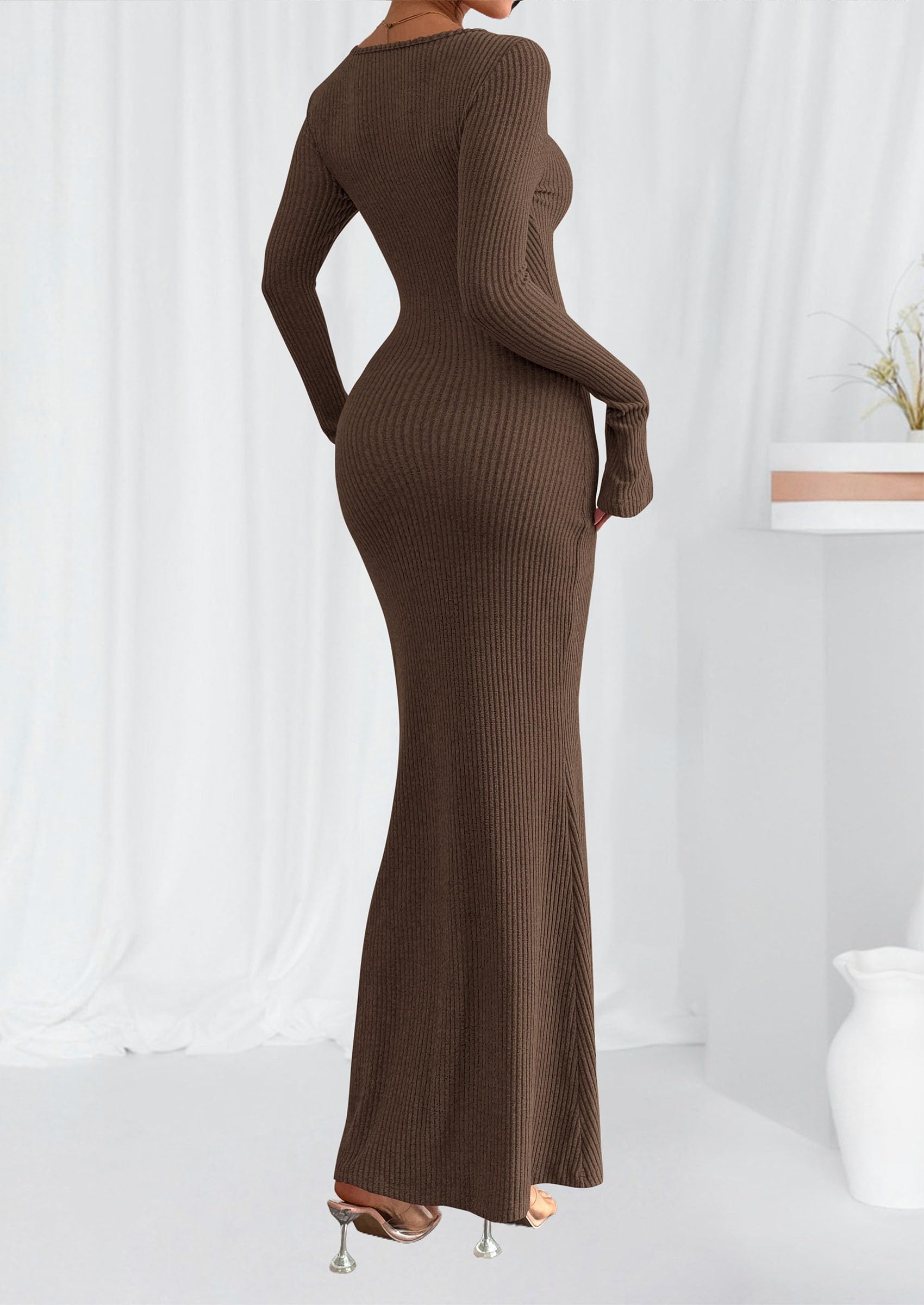 Women's Fall Long Sleeve Bodycon Maxi Dresses (Dark Brown,XS)