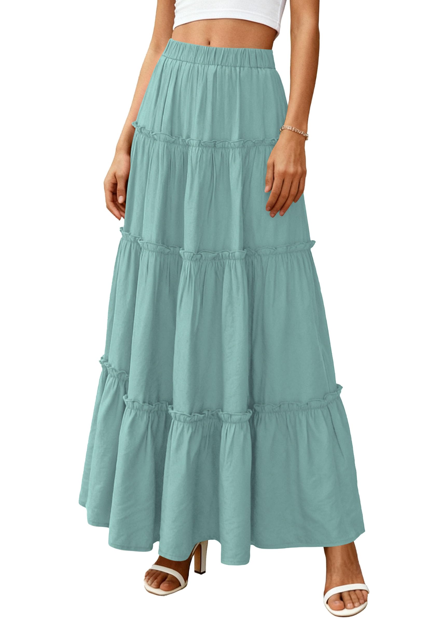 Women's Boho Tiered Ruffle Flowy Maxi Skirt, Blue Green,S