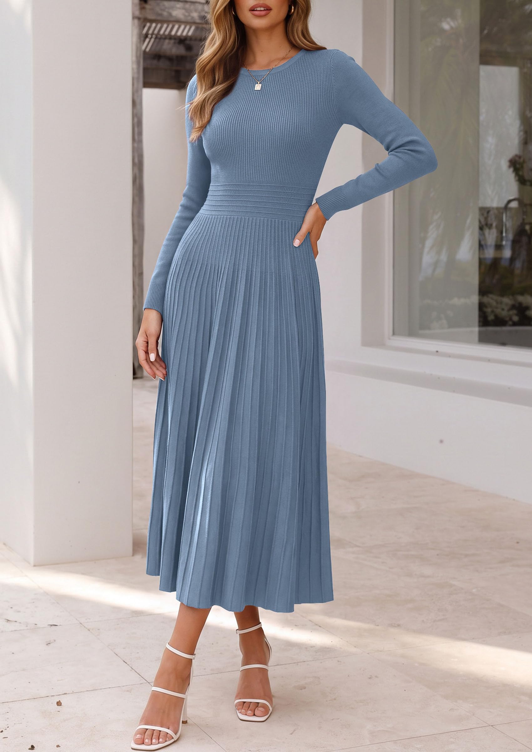 Women's Long Sleeve Knit Maxi Sweater Dress,Grey Blue,S