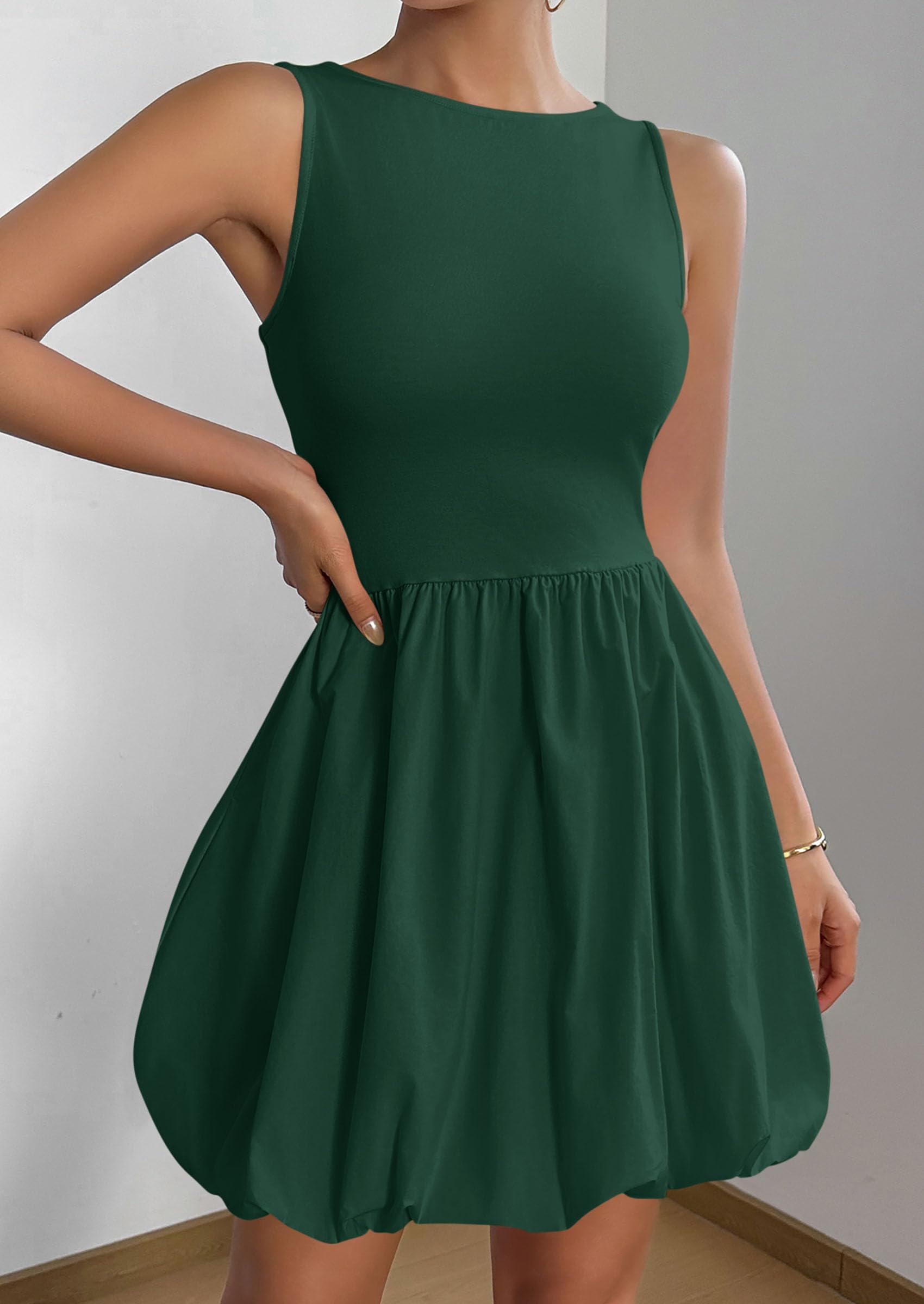 Womens Summer Bubble Sleeveless Mini Dress,Dark Green,S