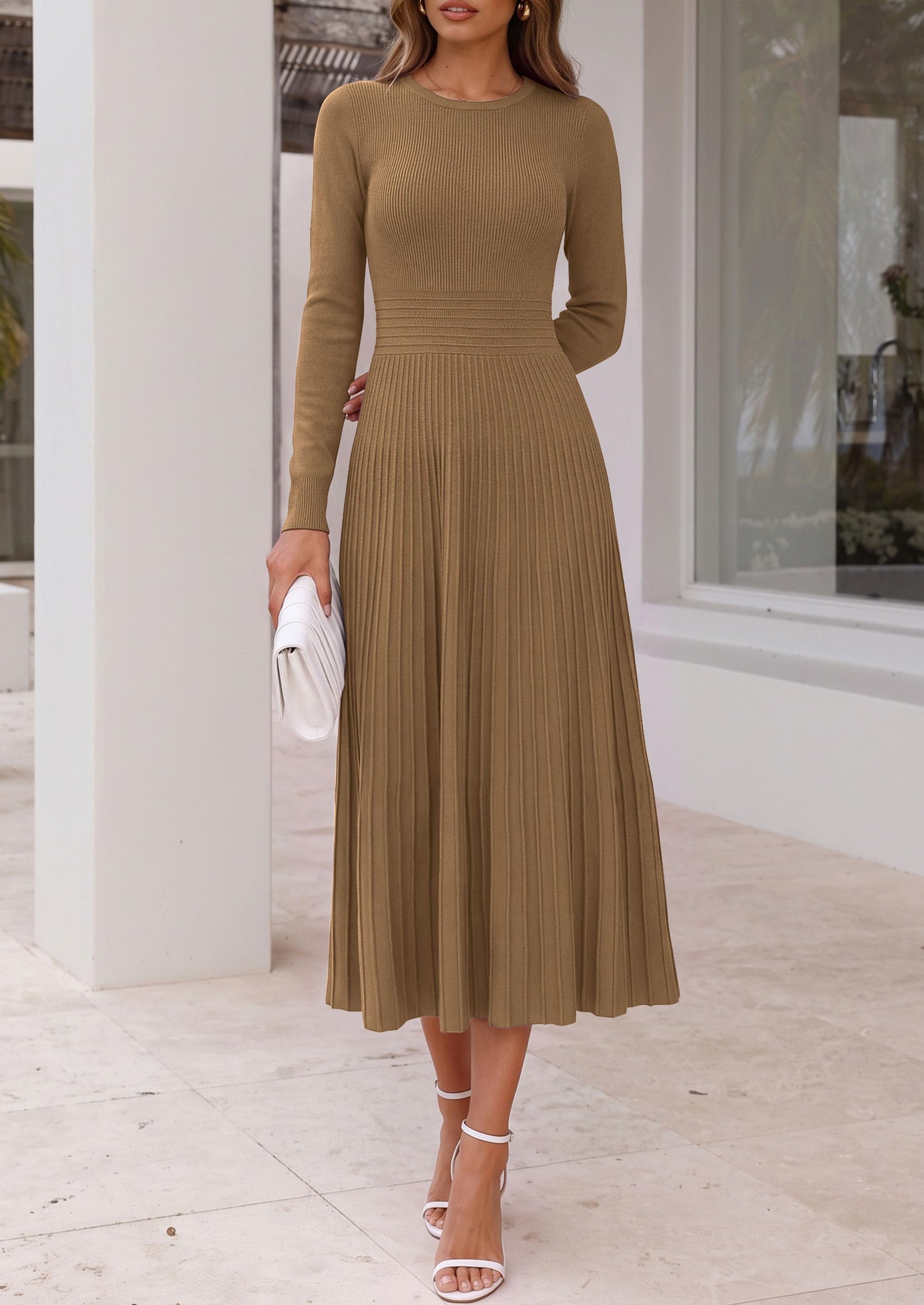 Women's Long Sleeve Knit Maxi Sweater Dress,Khaki,S
