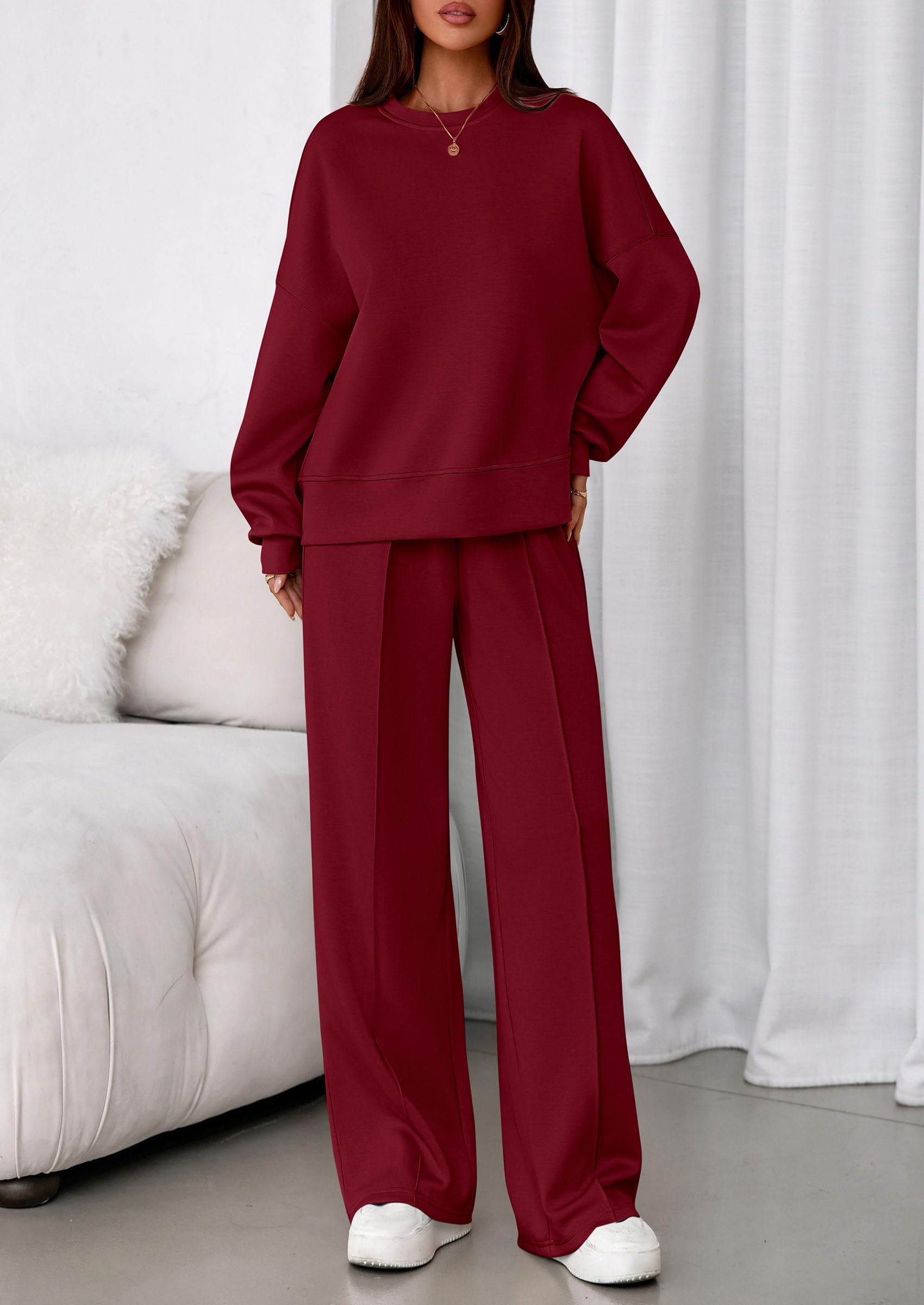 Womens Long Sleeve Sweatshirt 2 Piece Sets,Wine Red,S